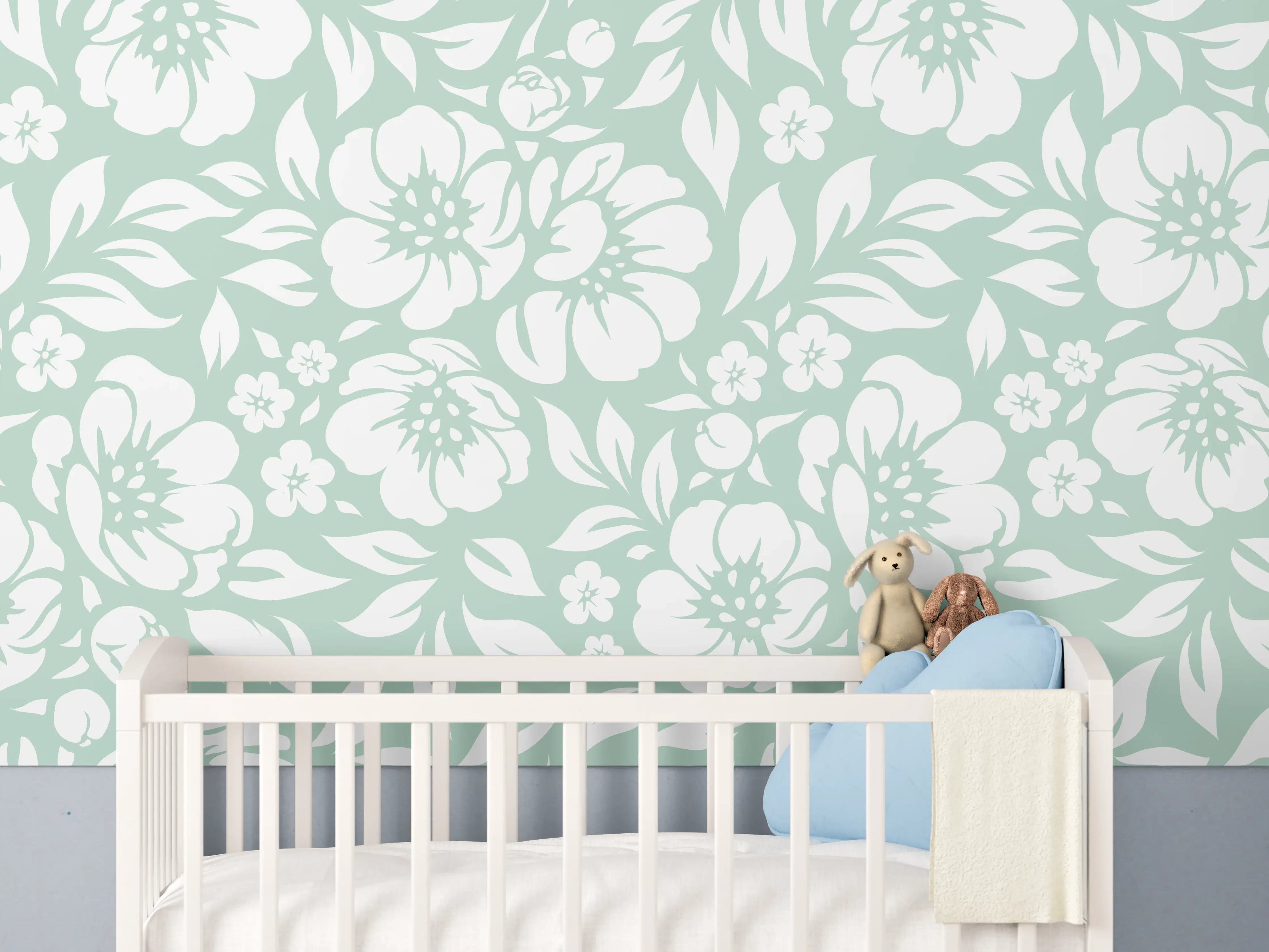 Babyzimmer Wandgestaltung - Weiß-Graue florale Muster für elegante Räume