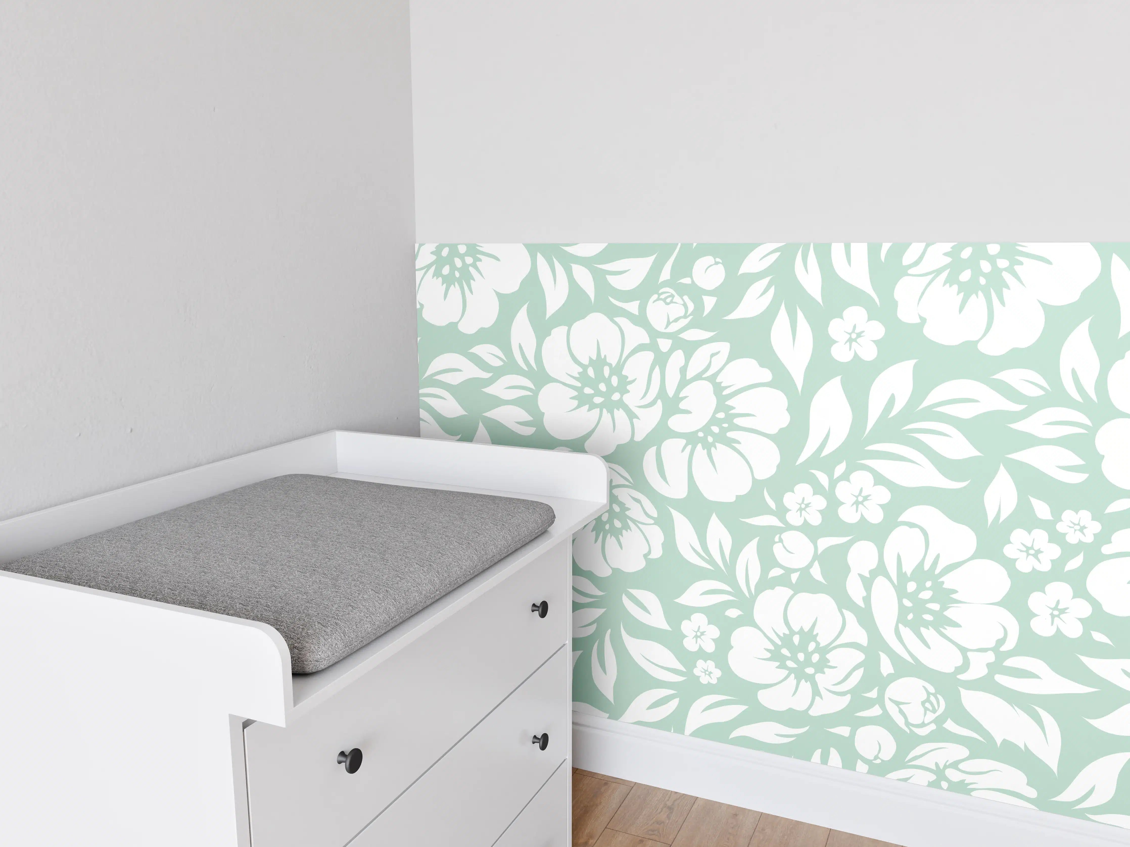 Babyzimmer Wandgestaltung - Weiß-Graue florale Muster für elegante Räume