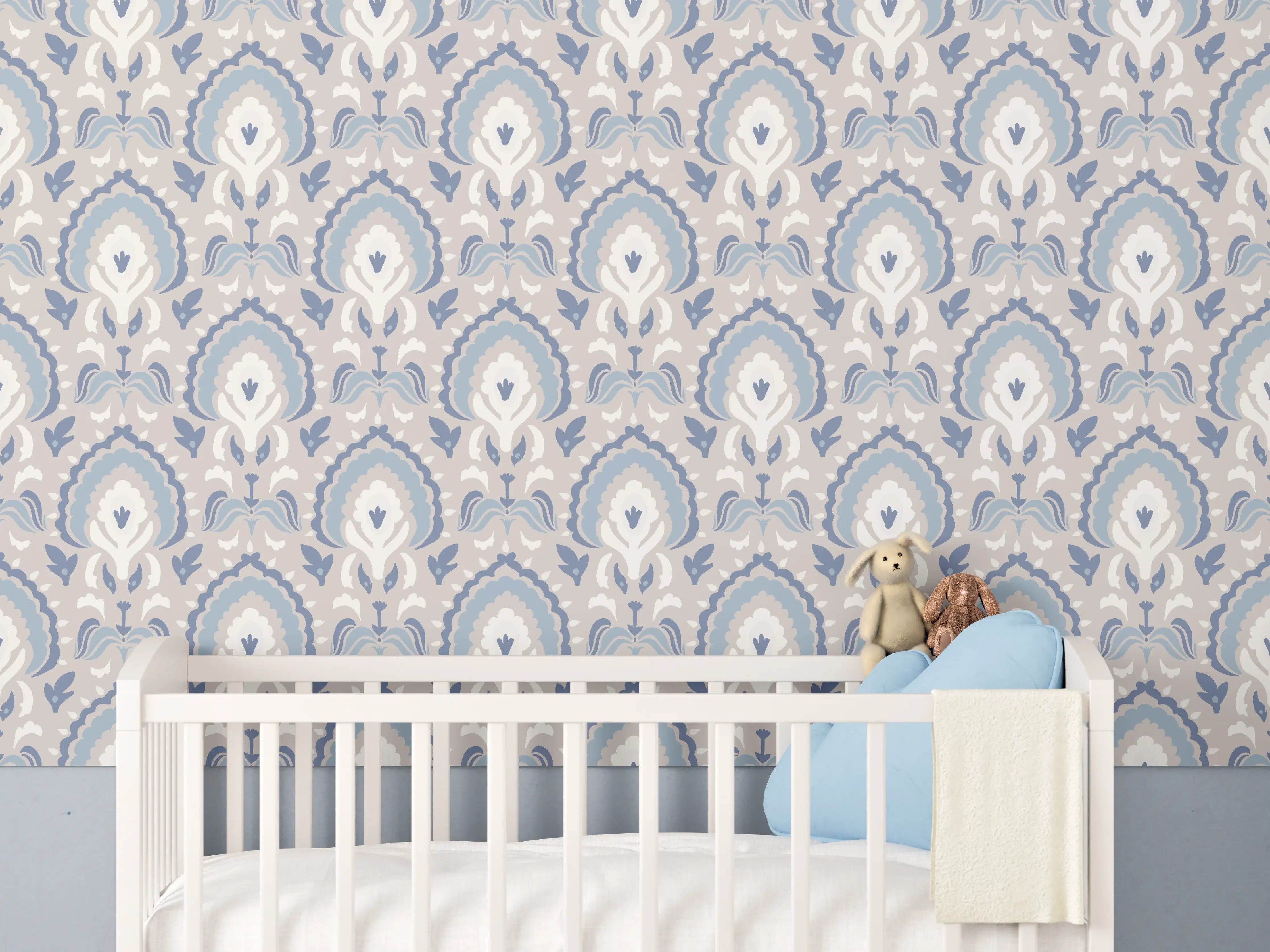 Babyzimmer Wandgestaltung - Weiß-Graues Damastmuster Seamless