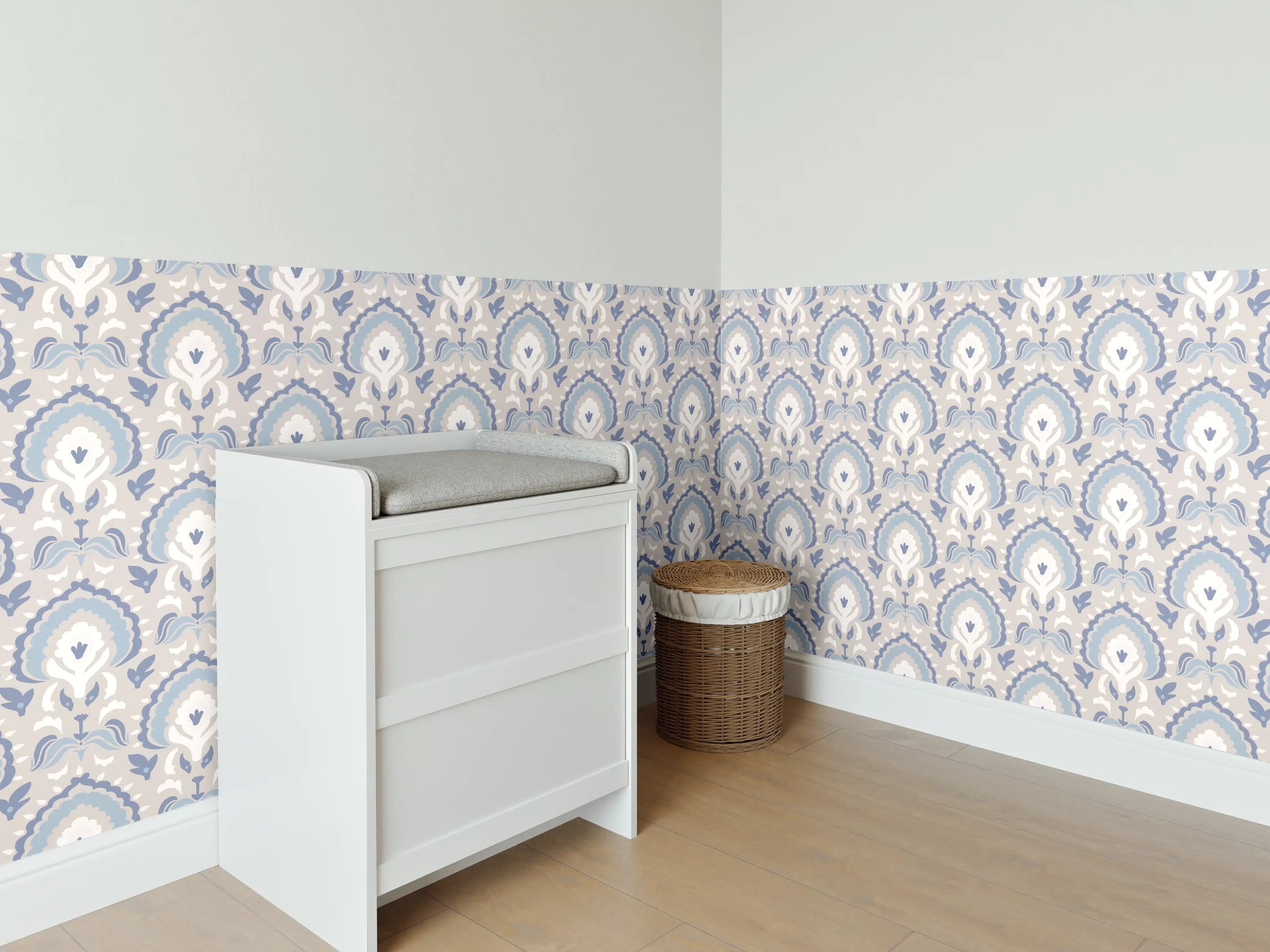 Babyzimmer Wandgestaltung - Weiß-Graues Damastmuster Seamless