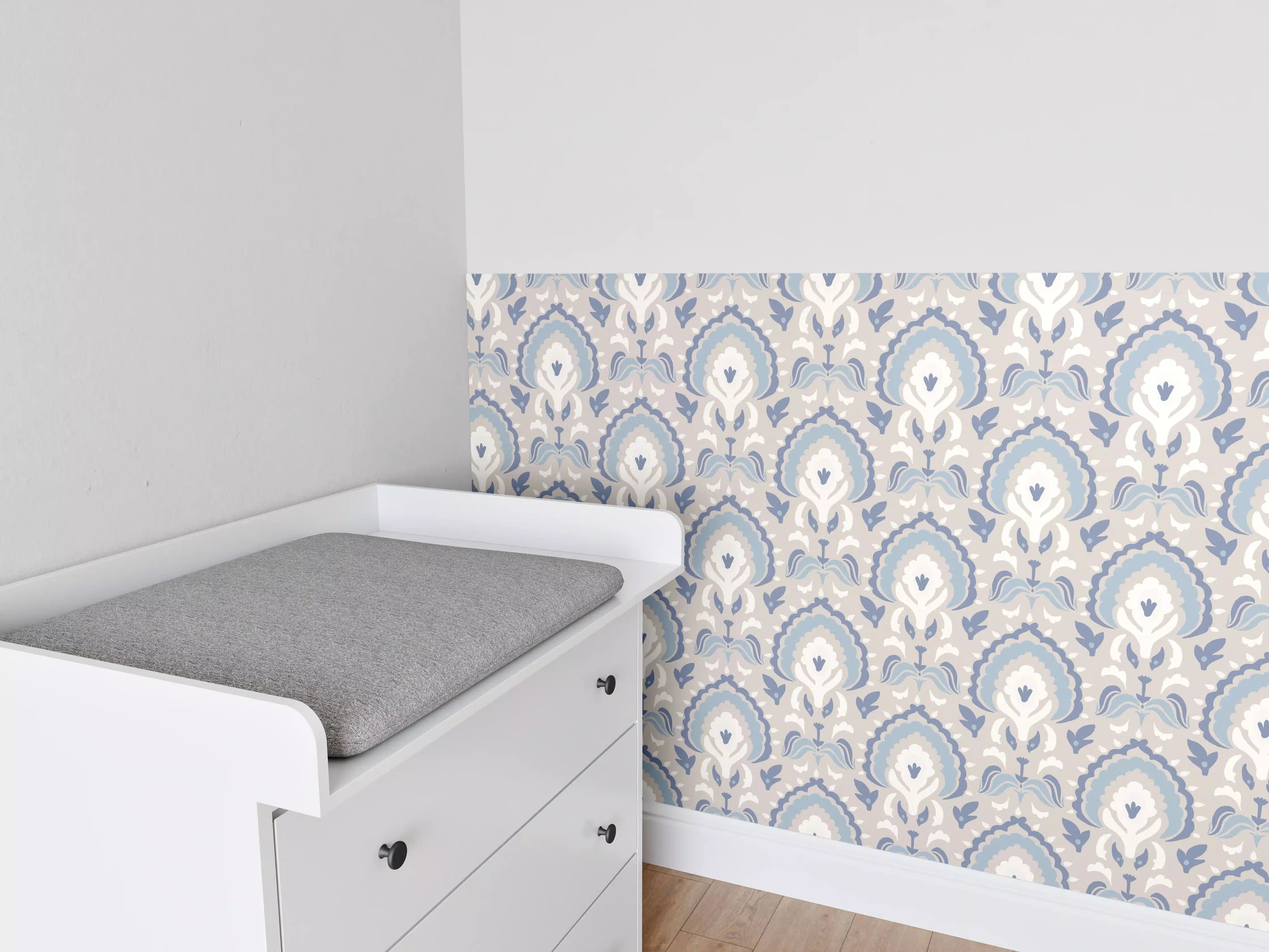 Babyzimmer Wandgestaltung - Weiß-Graues Damastmuster Seamless