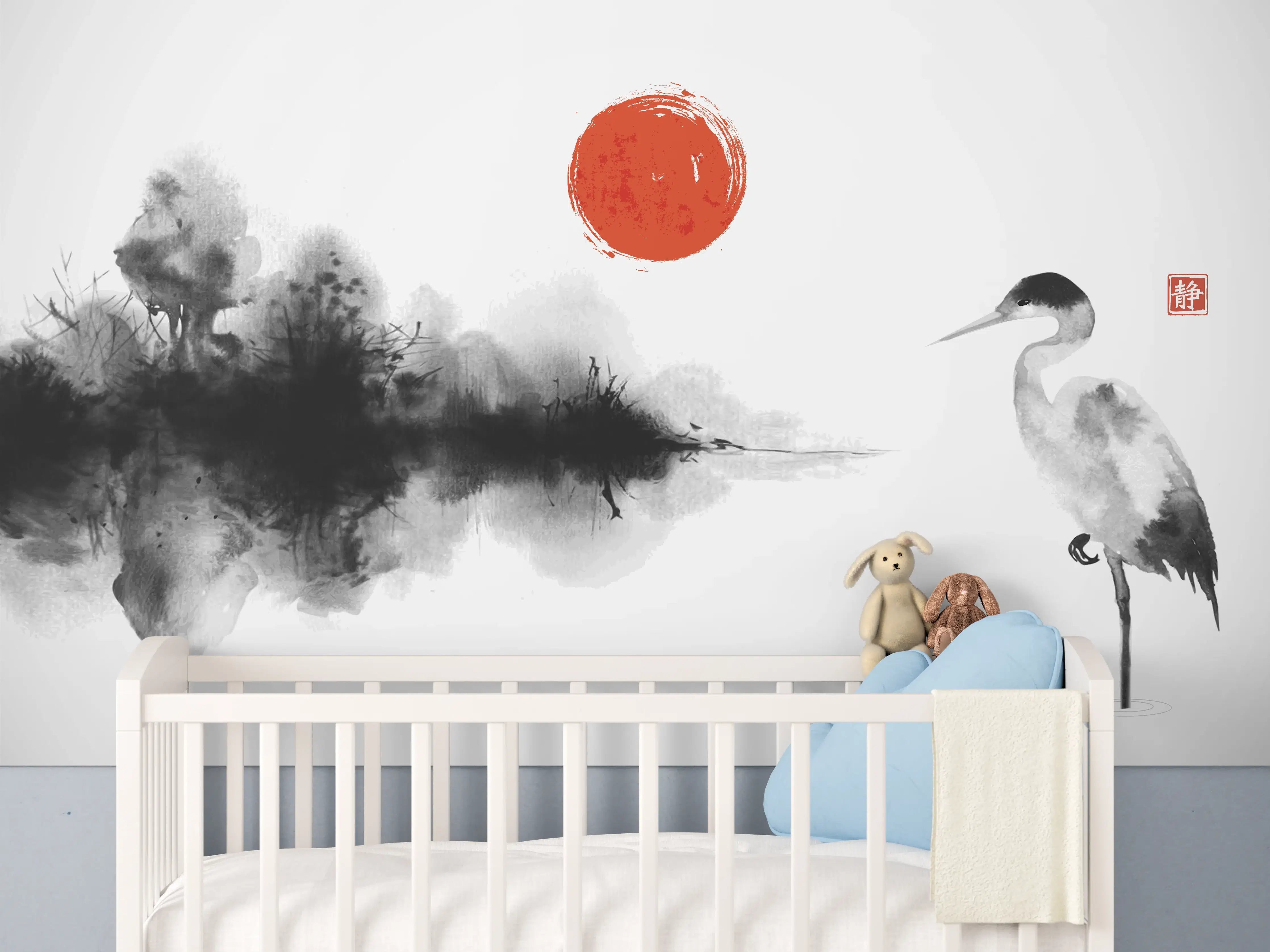 Babyzimmer Wandgestaltung - Weiß-Schwarze Kranich Malerei