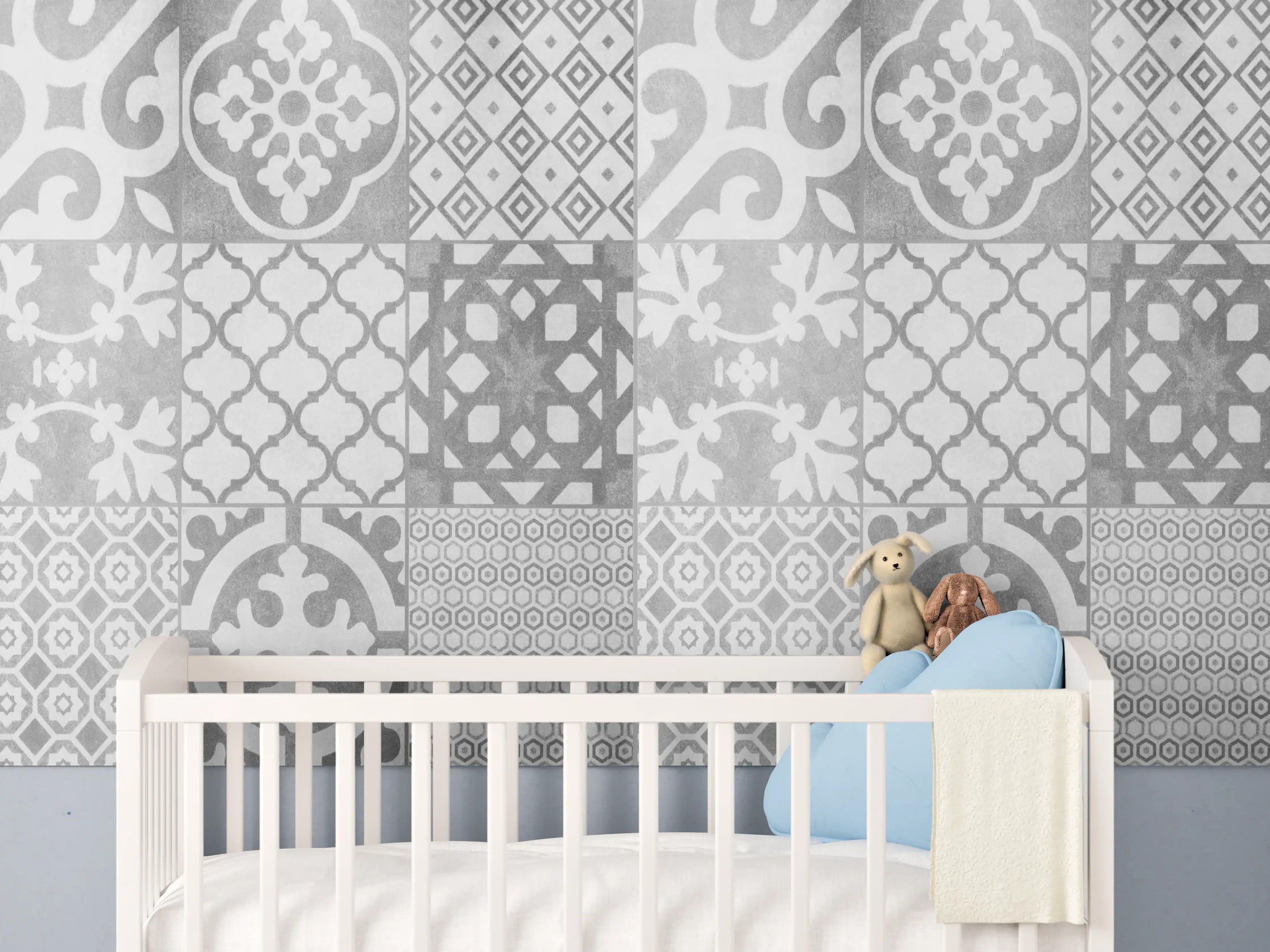 Babyzimmer Wandgestaltung - Weiß graue vintage Fliesen