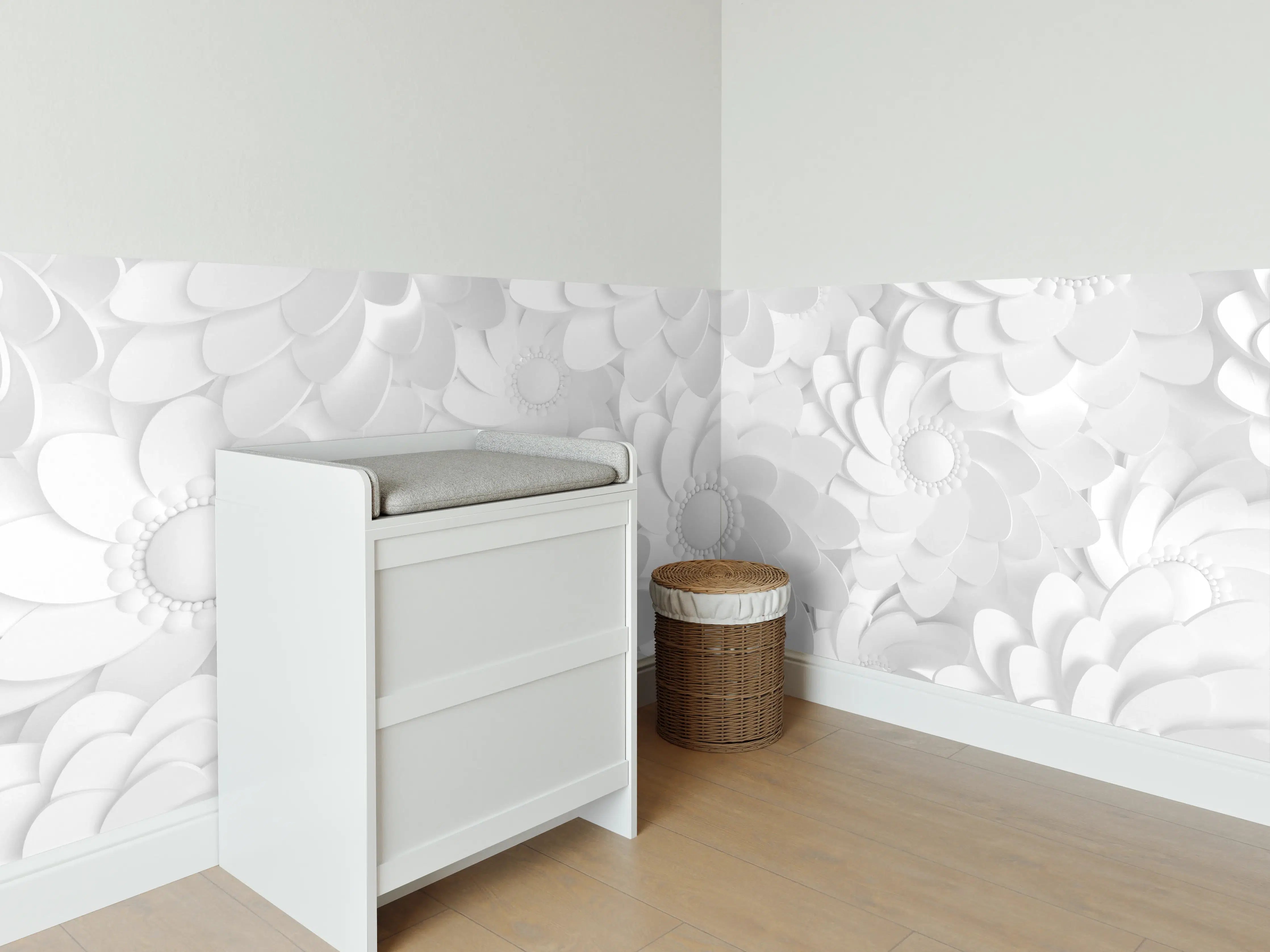 Babyzimmer Wandgestaltung - Weiße 3D-Blumen auf grauem Hintergrund