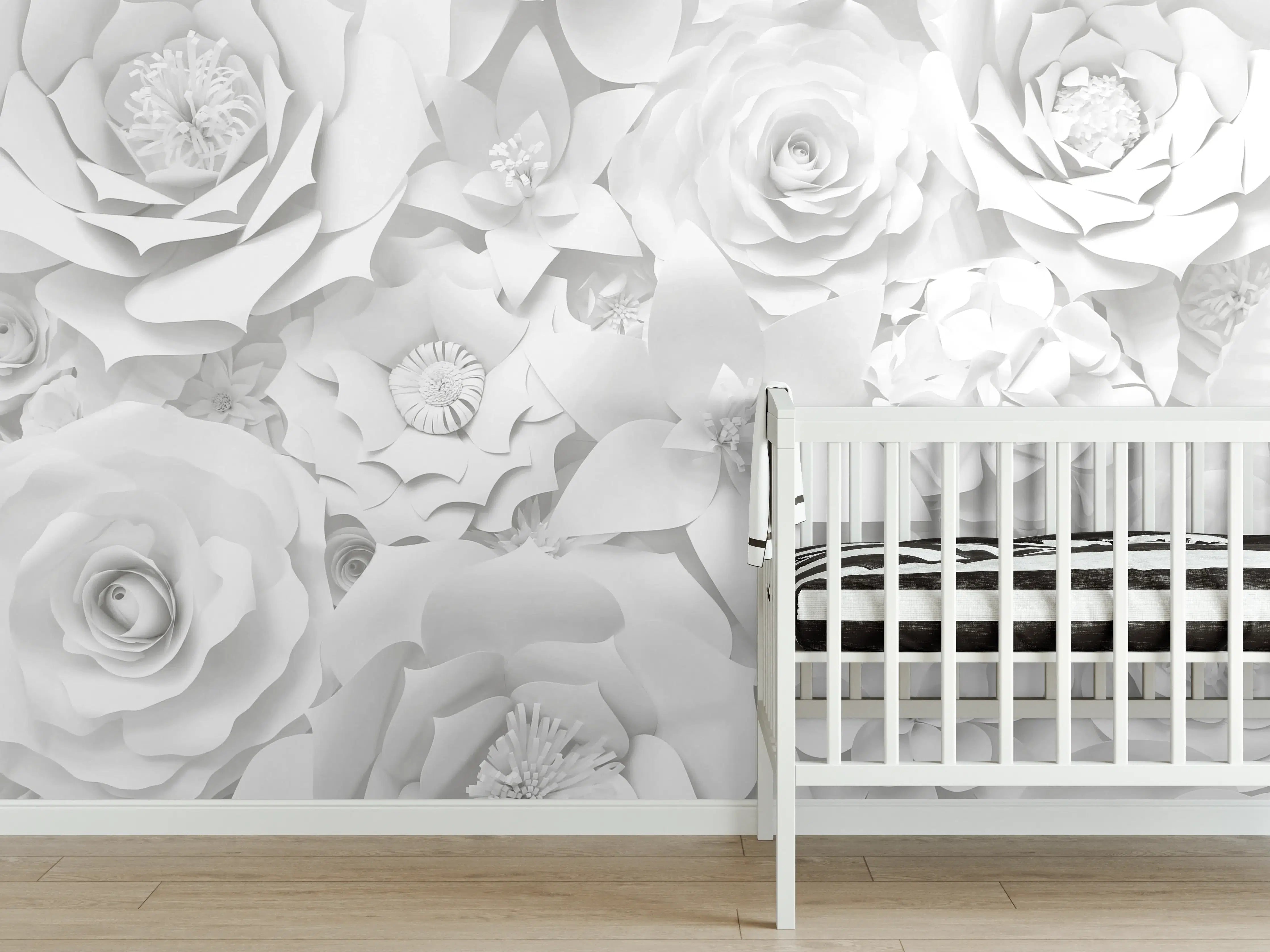 Babyzimmer Wandgestaltung - Weiße Blumenmuster in 3D-Design