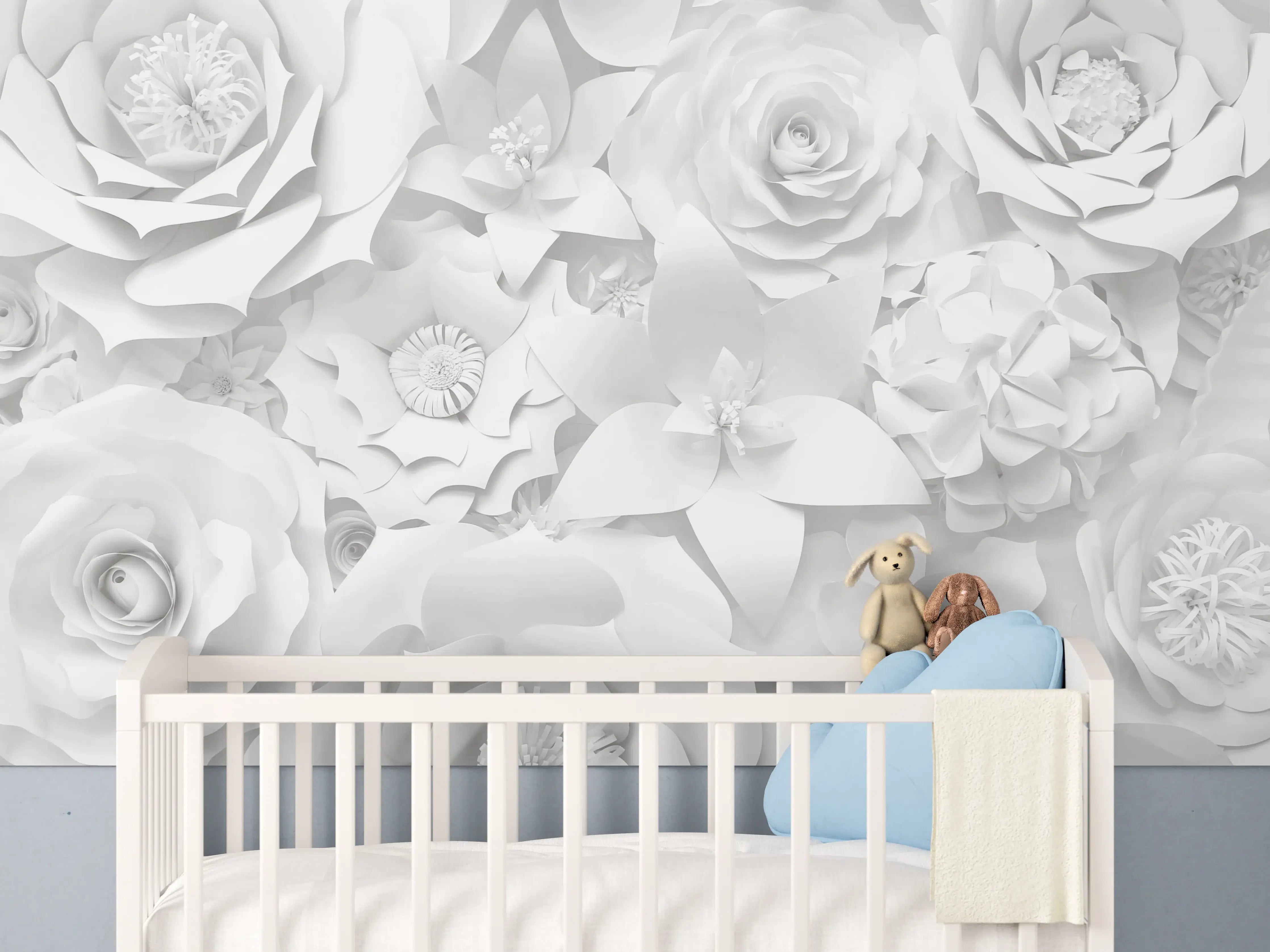 Babyzimmer Wandgestaltung - Weiße Blumenmuster in 3D-Design