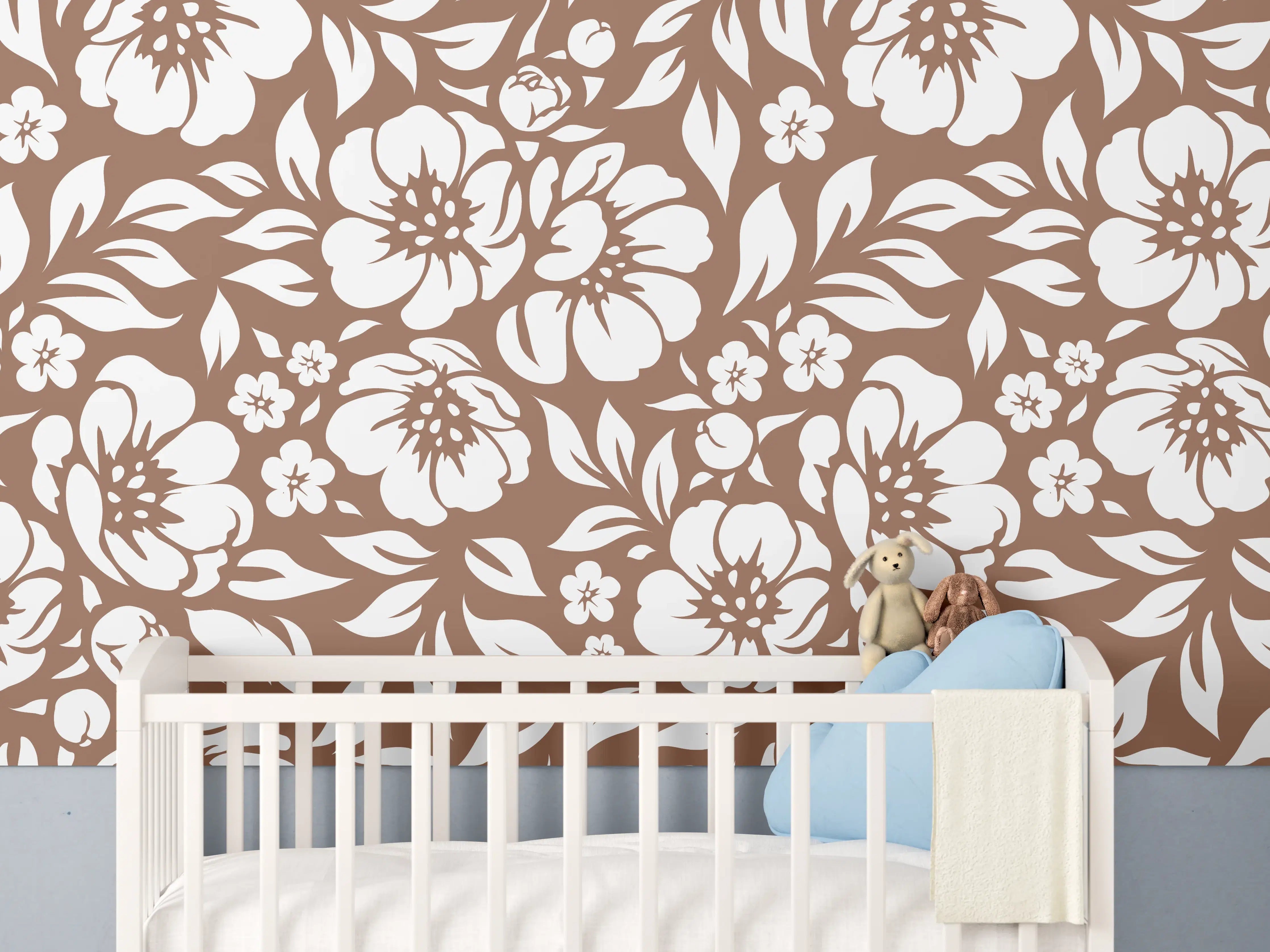 Babyzimmer Wandgestaltung - Weiße Blumenmuster mit zarten Grautönen