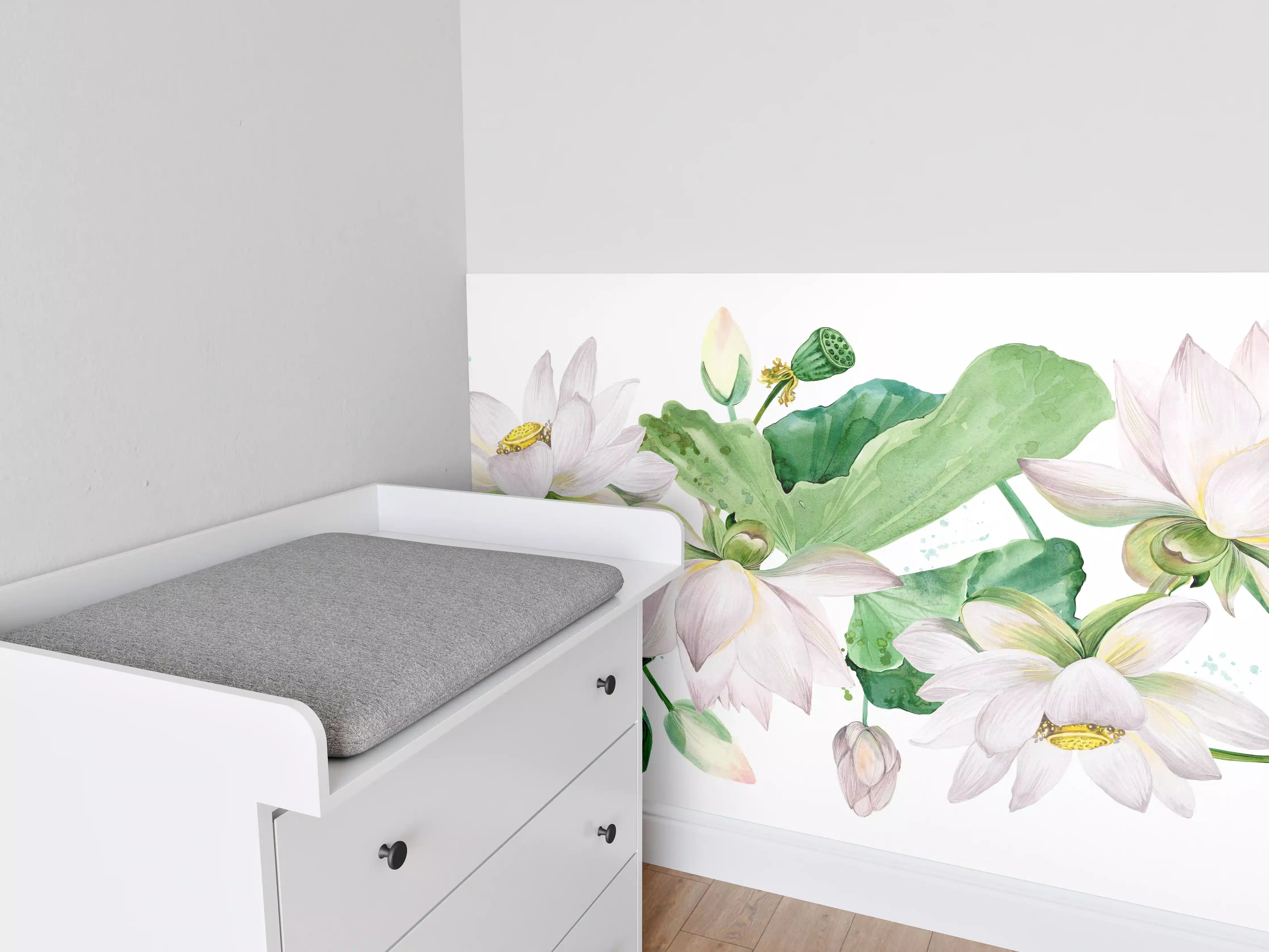 Babyzimmer Wandgestaltung - Weiße Lotusblumen - nahtlose Muster