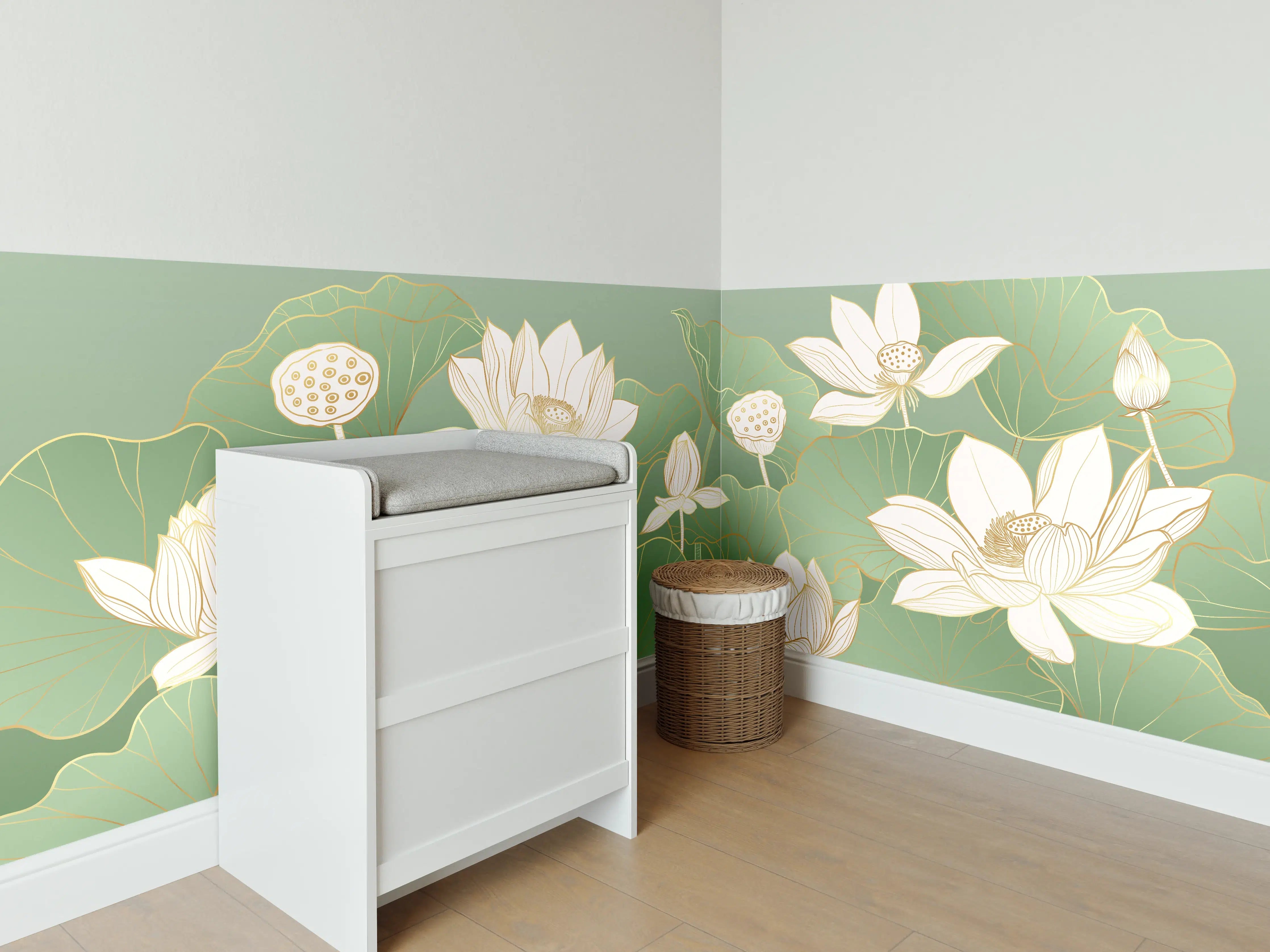Babyzimmer Wandgestaltung - Weiße Lotusblumen in Grün