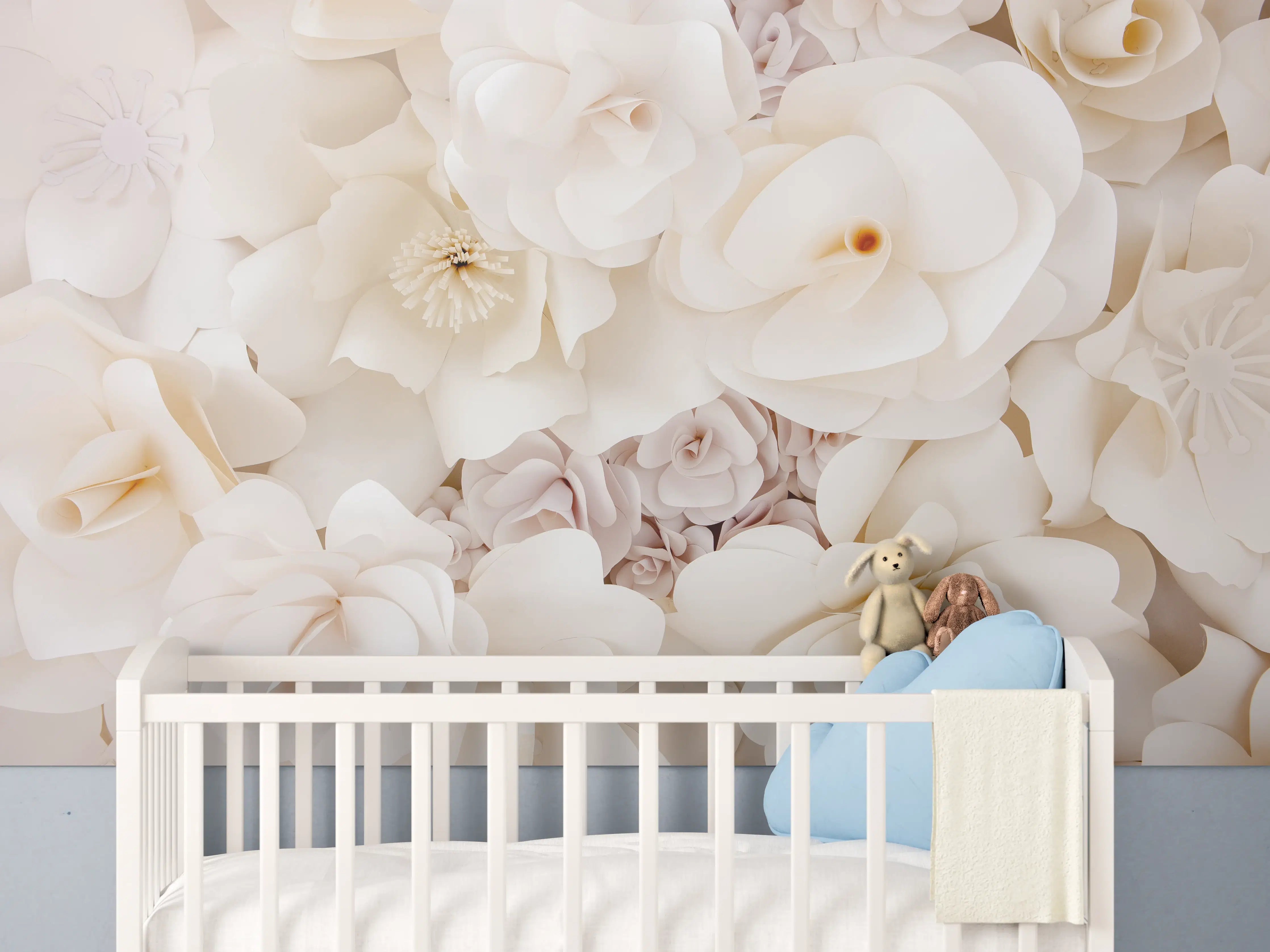 Babyzimmer Wandgestaltung - Weiße Papierblumen