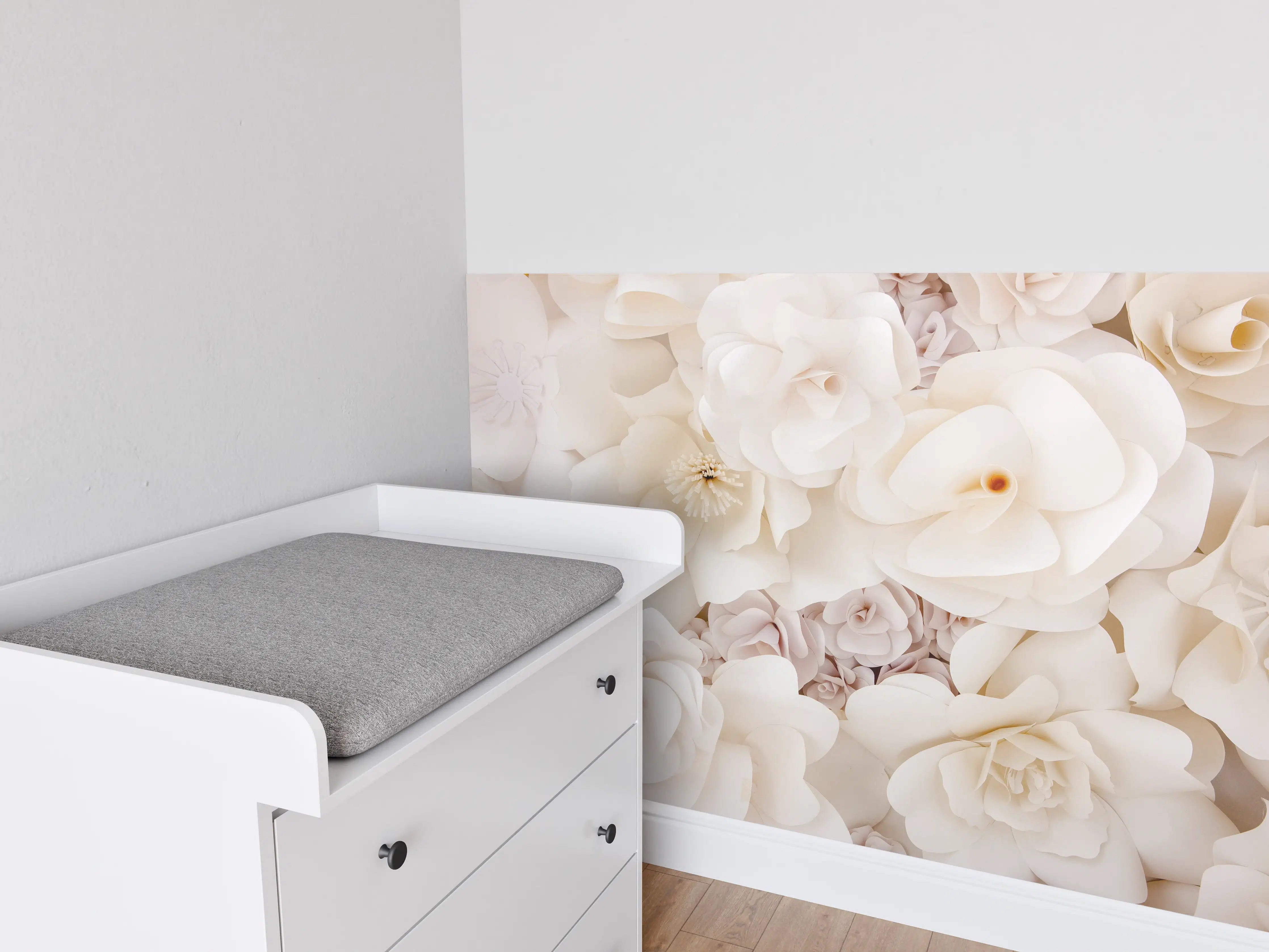 Babyzimmer Wandgestaltung - Weiße Papierblumen