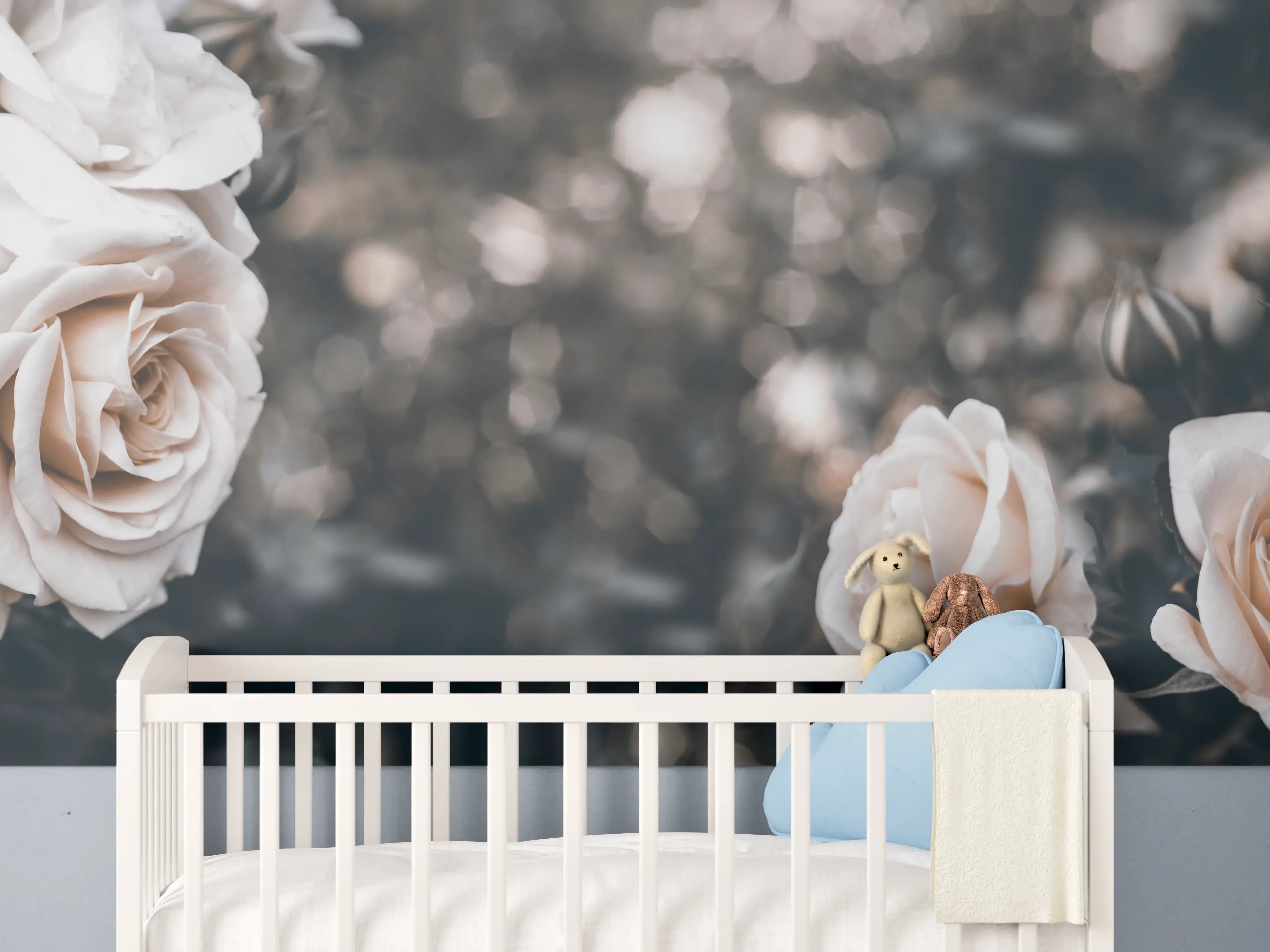 Babyzimmer Wandgestaltung - Weisse Pastell- Rosen - Fine Art