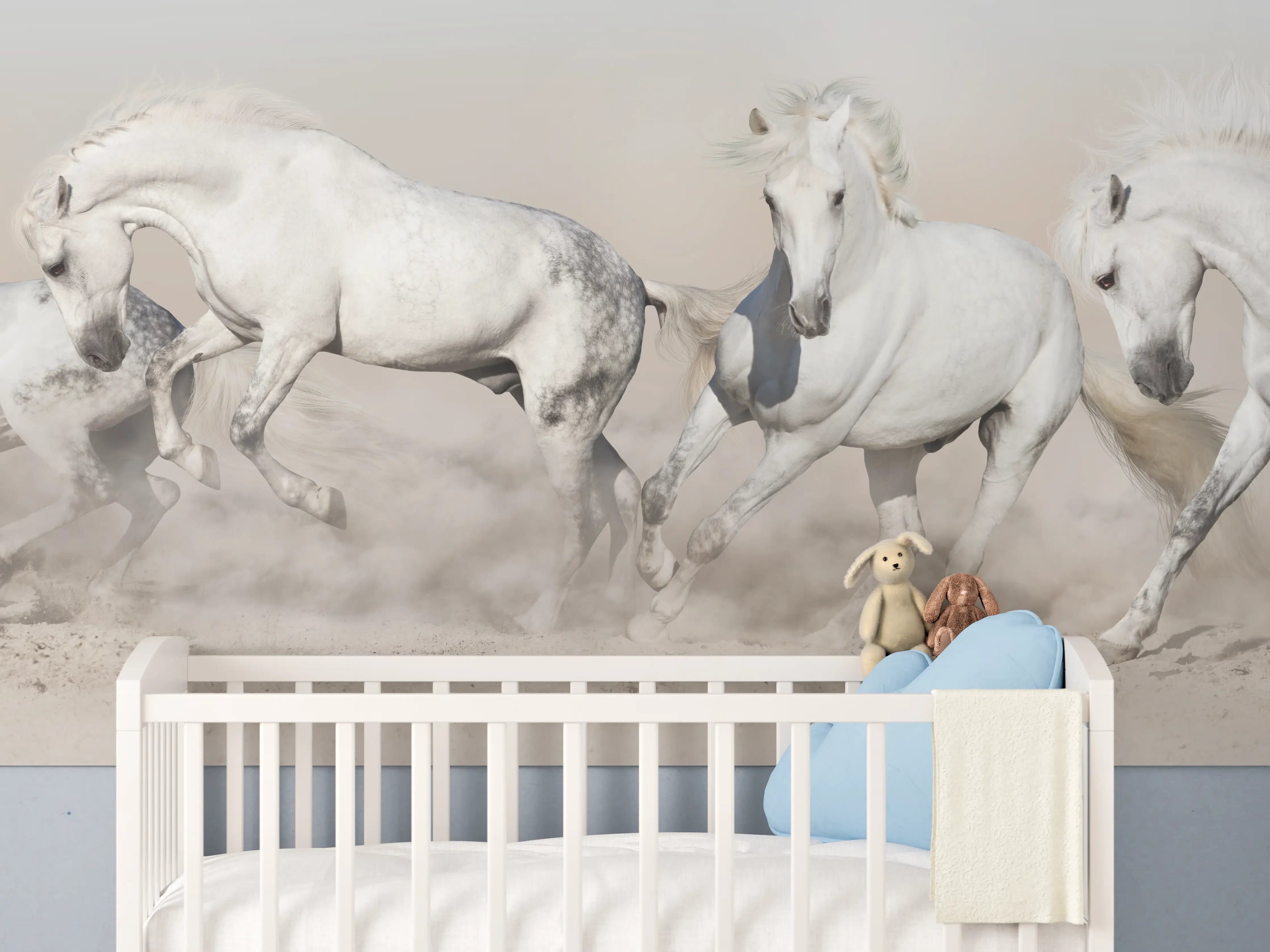 Babyzimmer Wandgestaltung - Weiße Pferdeherde Wüstenstaub