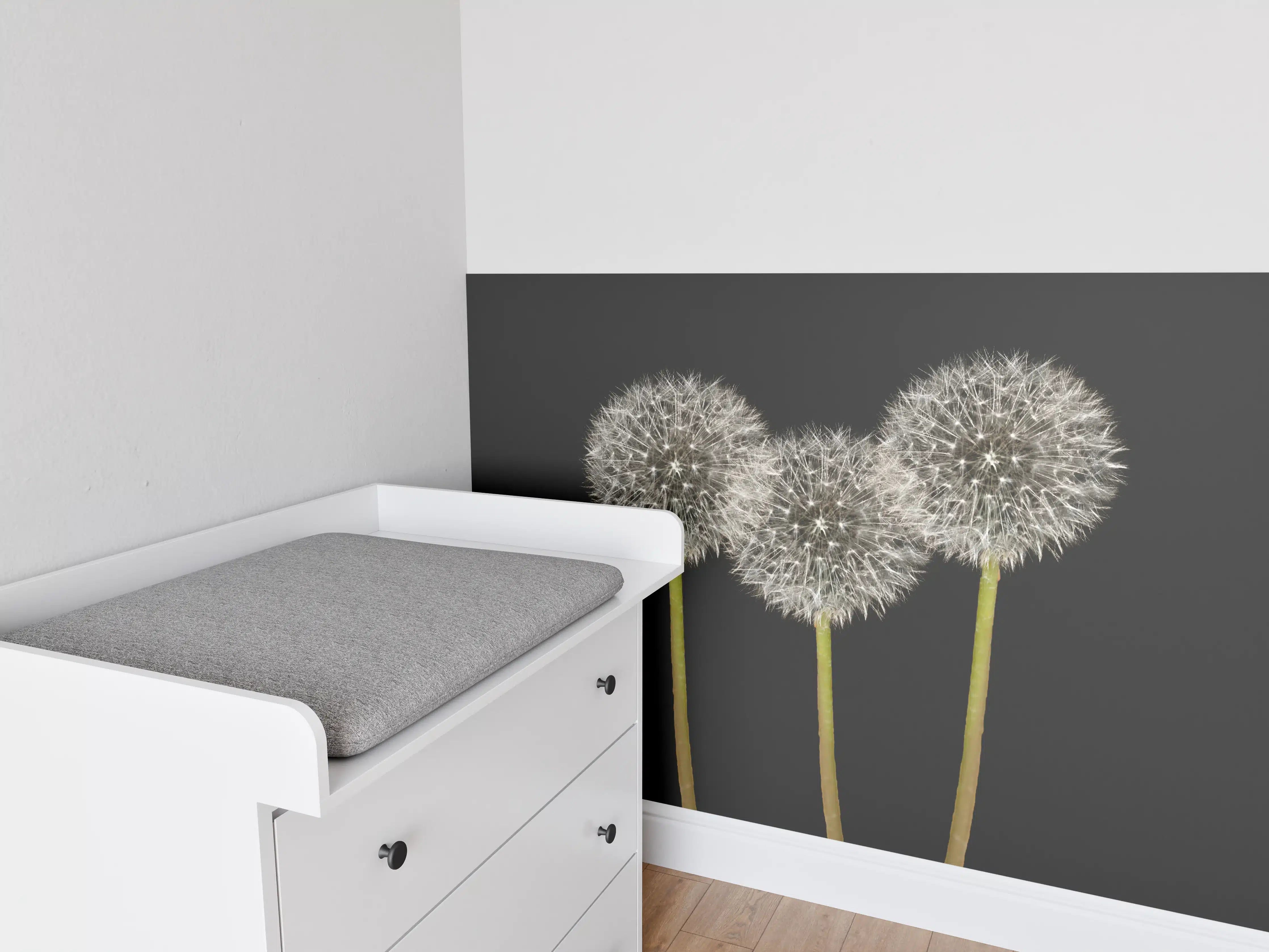Babyzimmer Wandgestaltung - Weiße Pusteblumen auf Schwarz