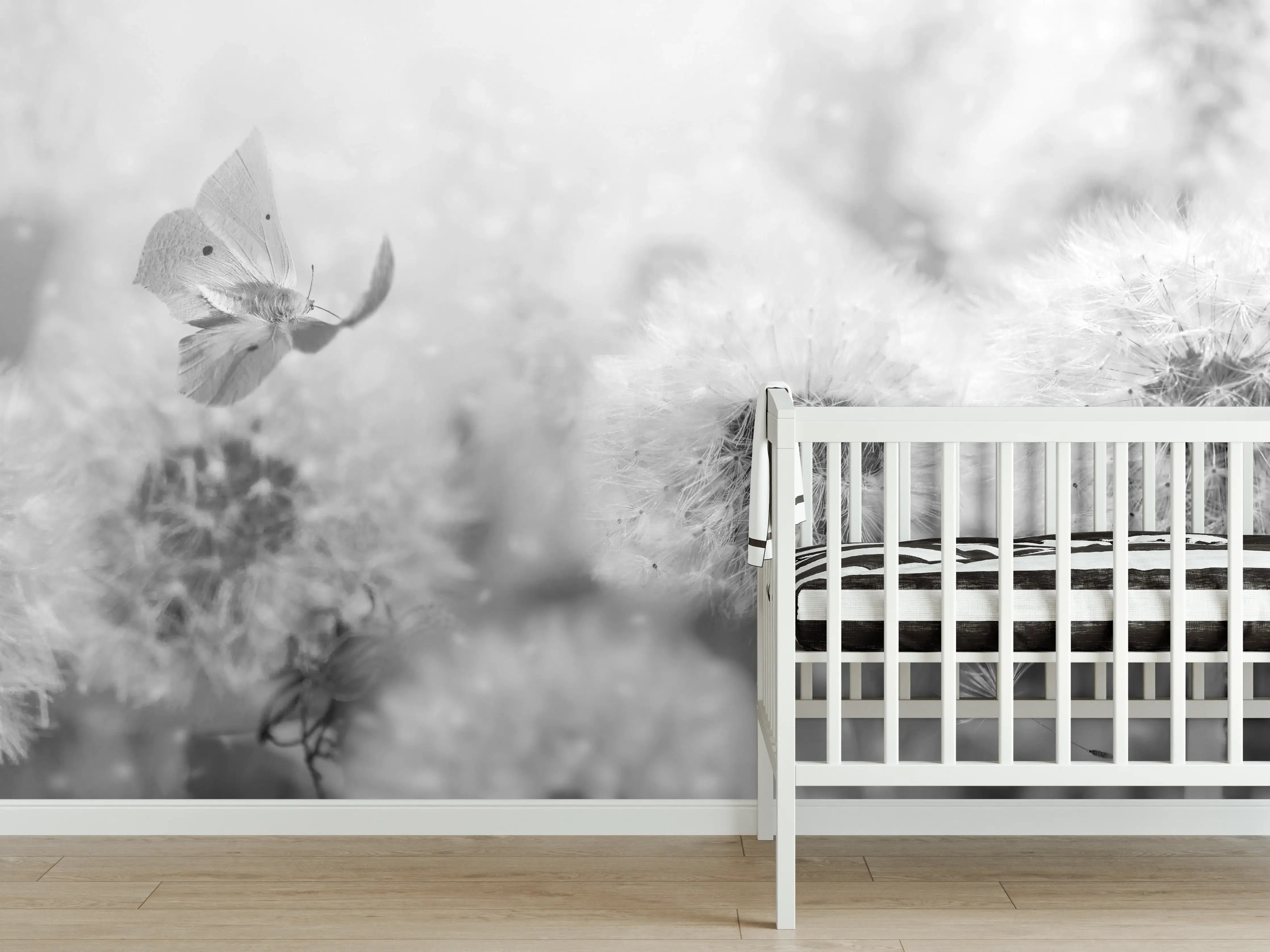 Babyzimmer Wandgestaltung - Weiße Pusteblumen mit Schmetterling in Schwarz-Weiß