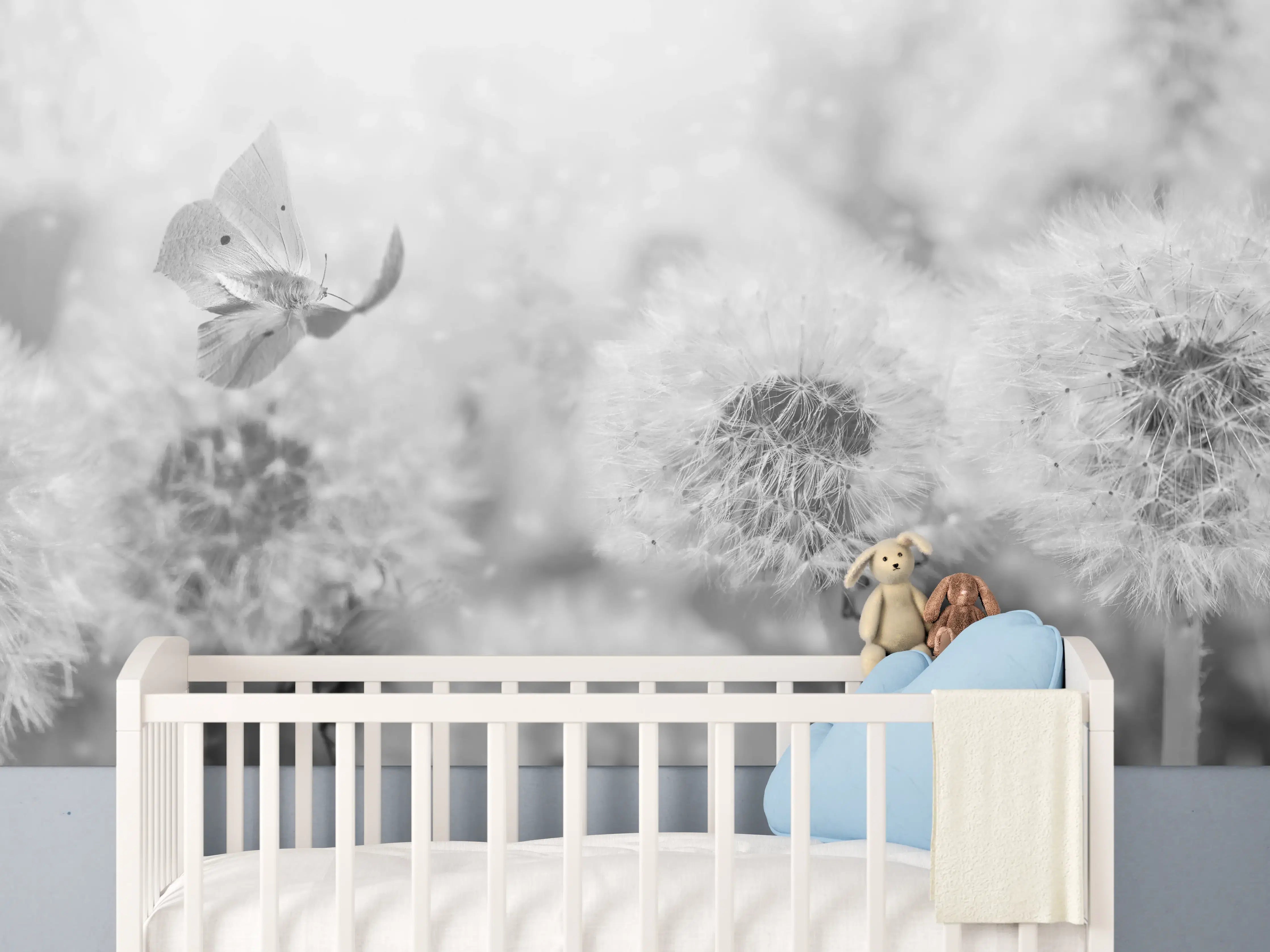 Babyzimmer Wandgestaltung - Weiße Pusteblumen mit Schmetterling in Schwarz-Weiß