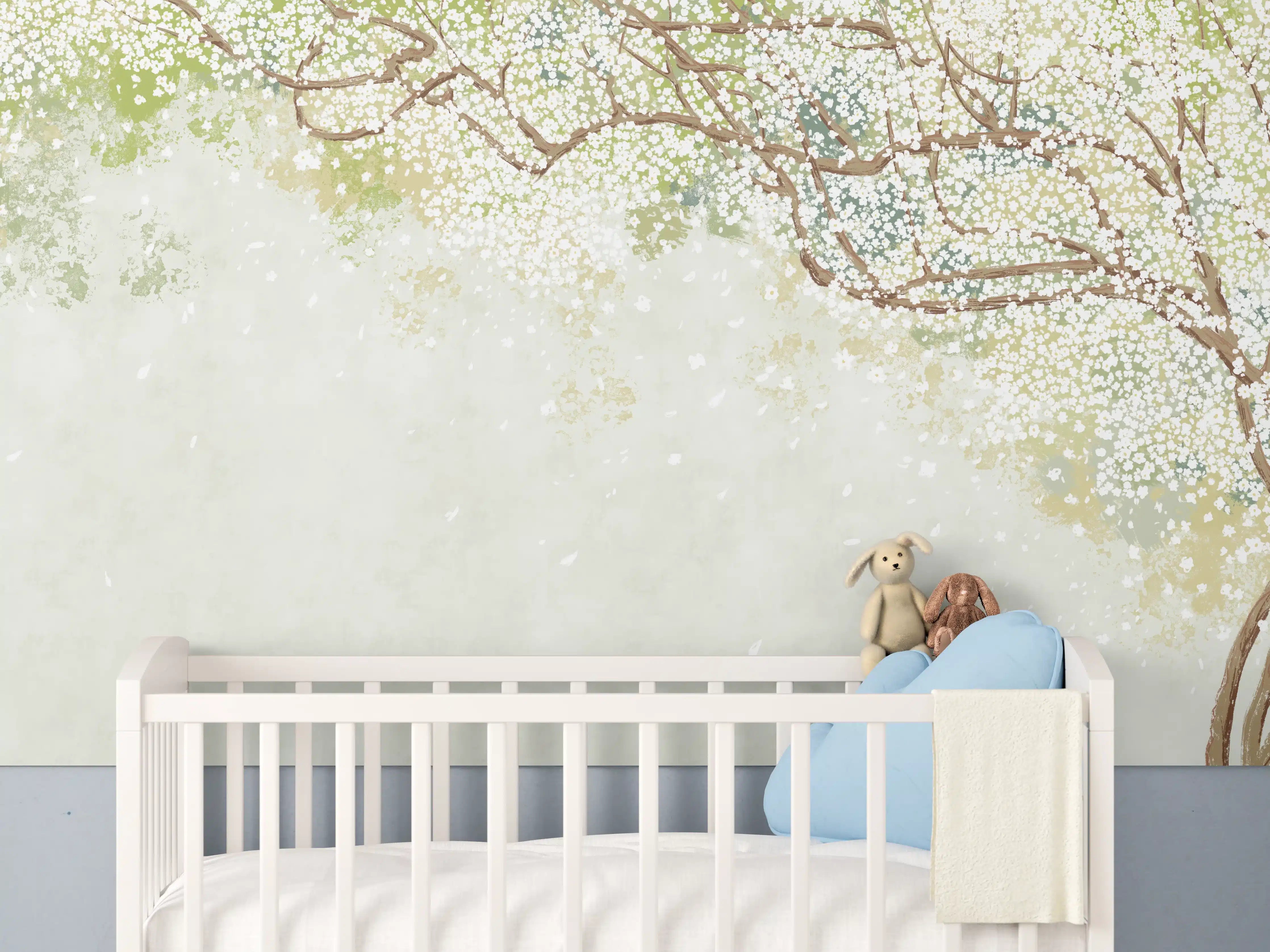 Babyzimmer Wandgestaltung - Weiße Sakura Blätter - Vintage