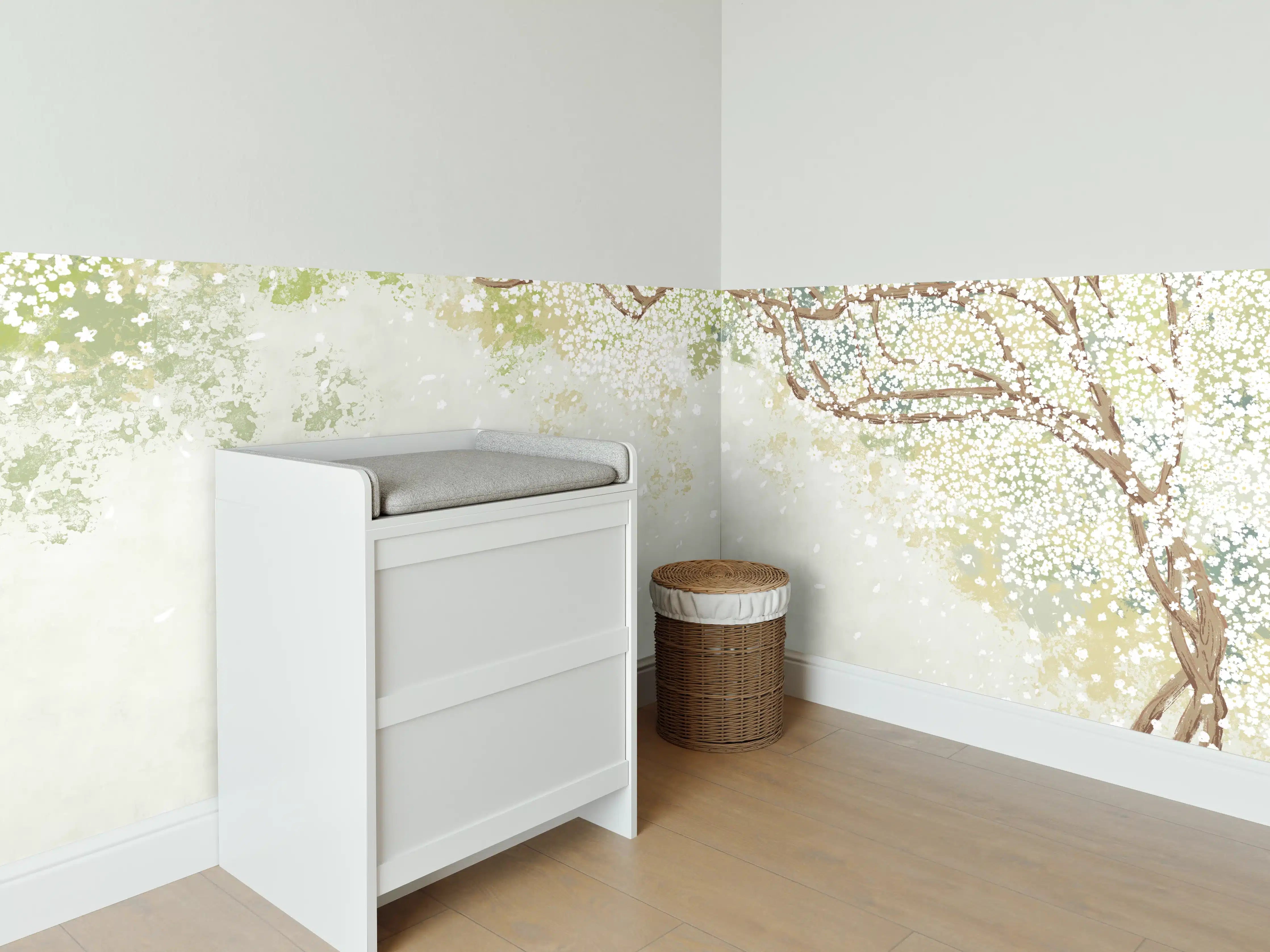 Babyzimmer Wandgestaltung - Weiße Sakura Blätter - Vintage