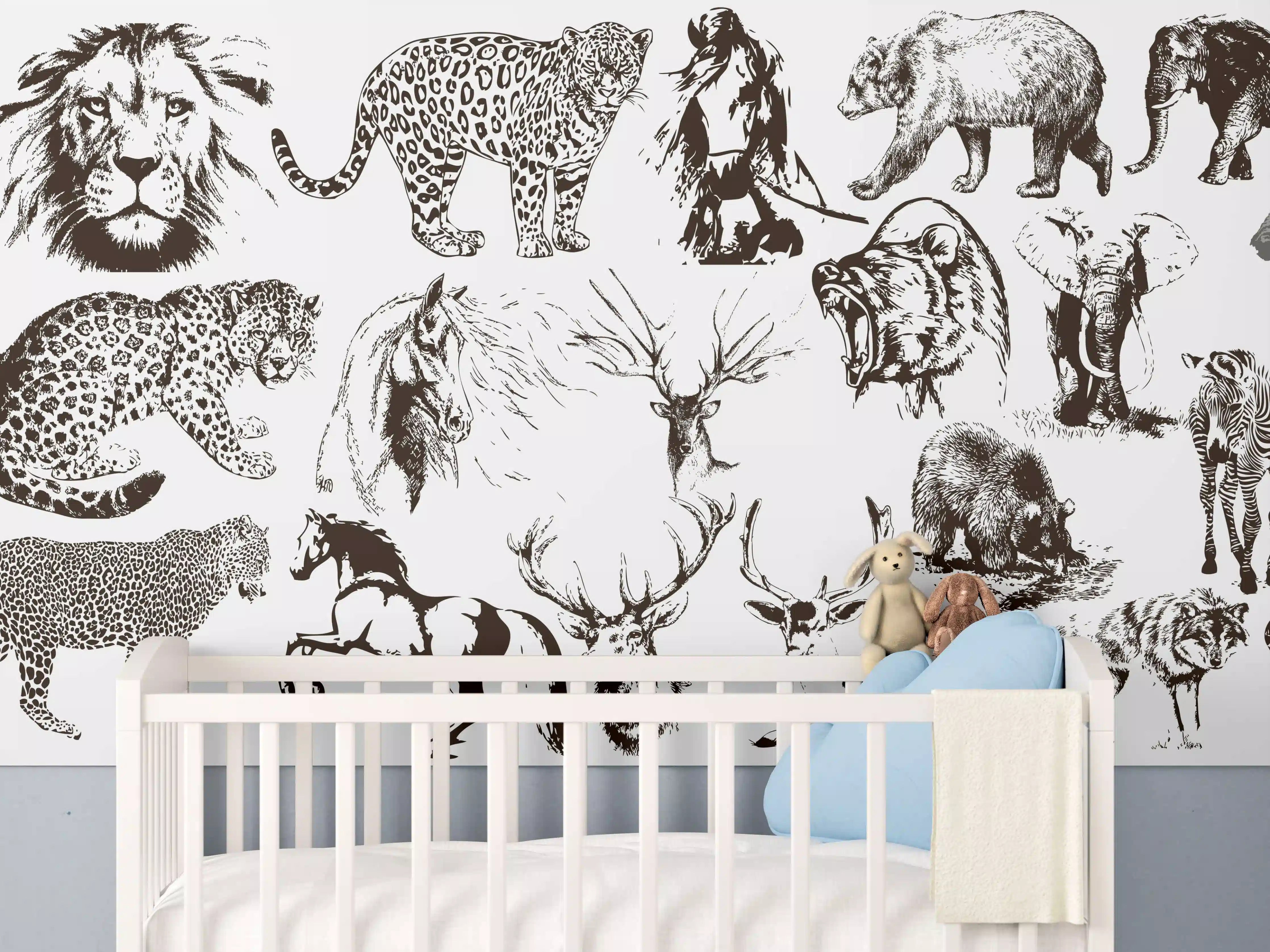 Babyzimmer Wandgestaltung - Weiße Tierillustrationen in Schwarz