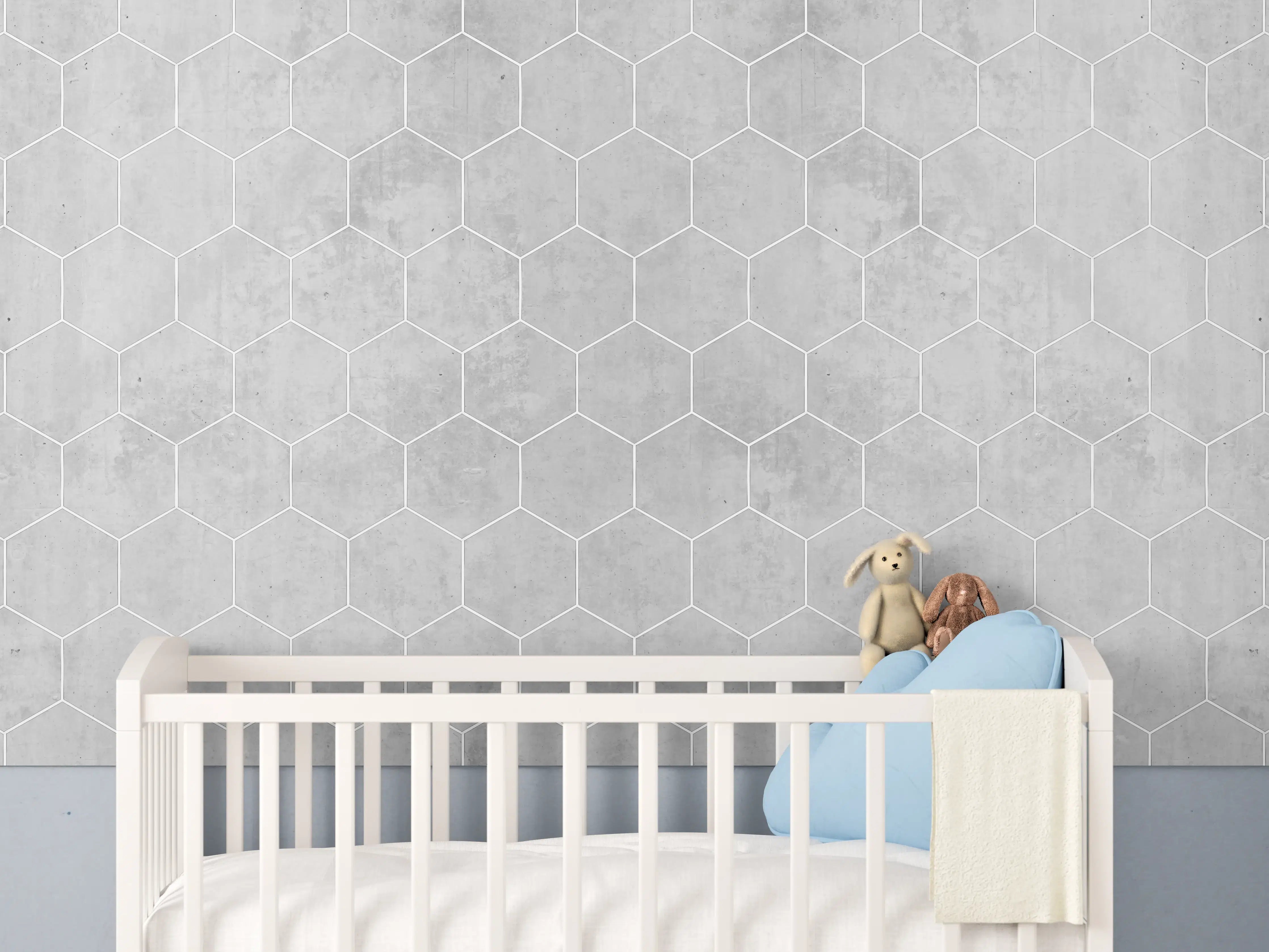 Babyzimmer Wandgestaltung - Weiße sechseckige Mustern auf Grauen Hintergrund