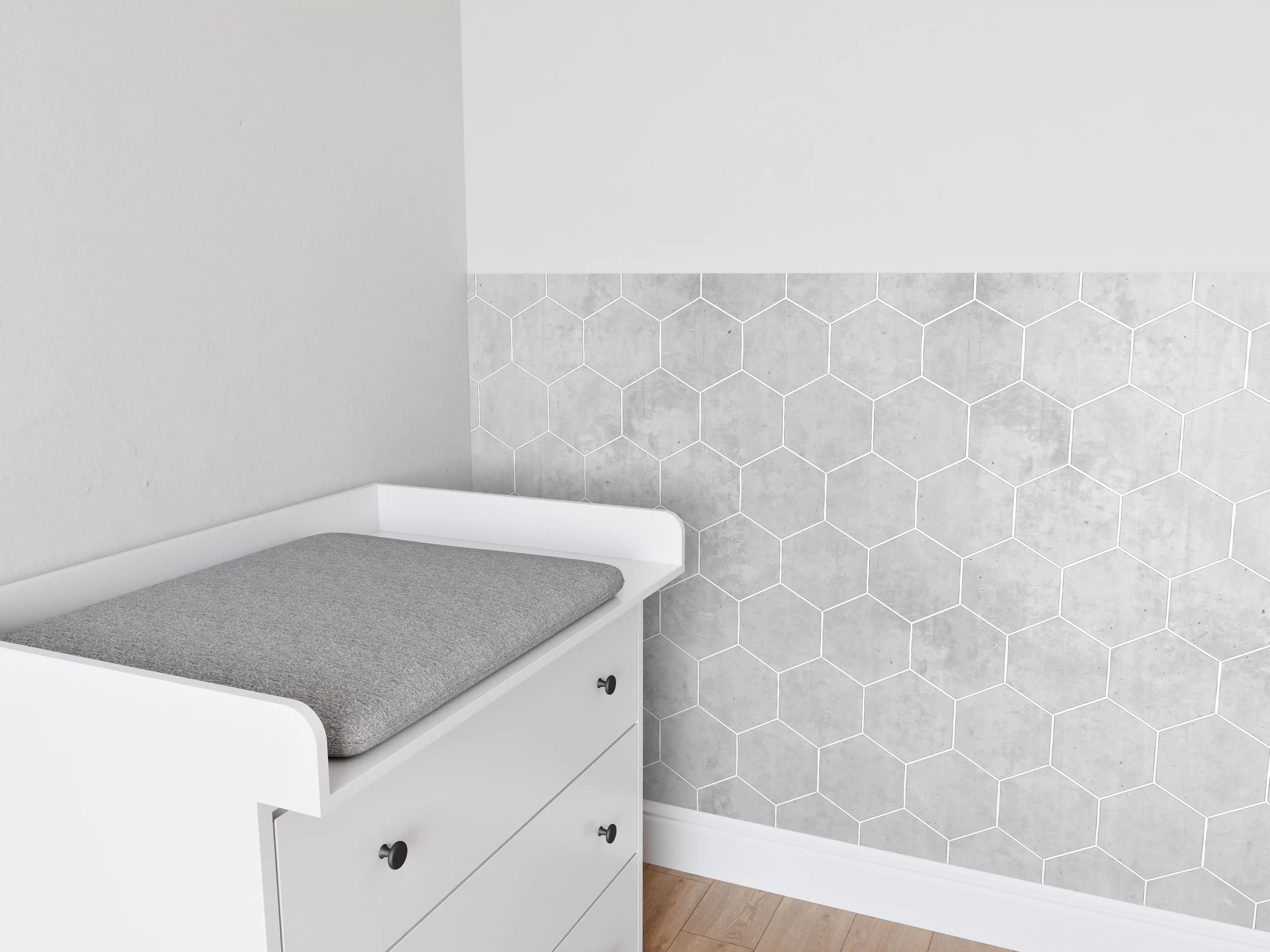 Babyzimmer Wandgestaltung - Weiße sechseckige Mustern auf Grauen Hintergrund