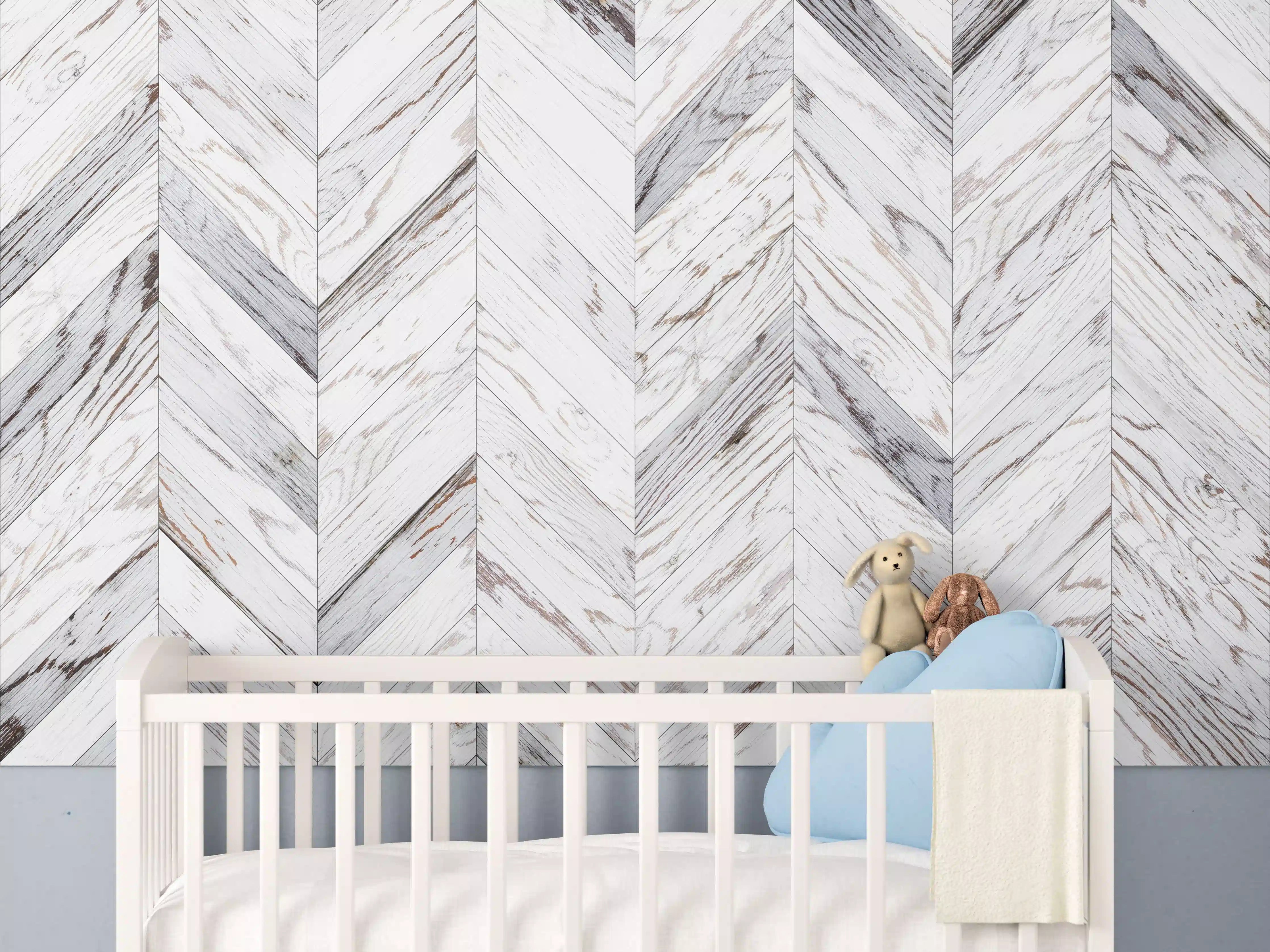 Babyzimmer Wandgestaltung - Weißer Chevron - Holzoptik