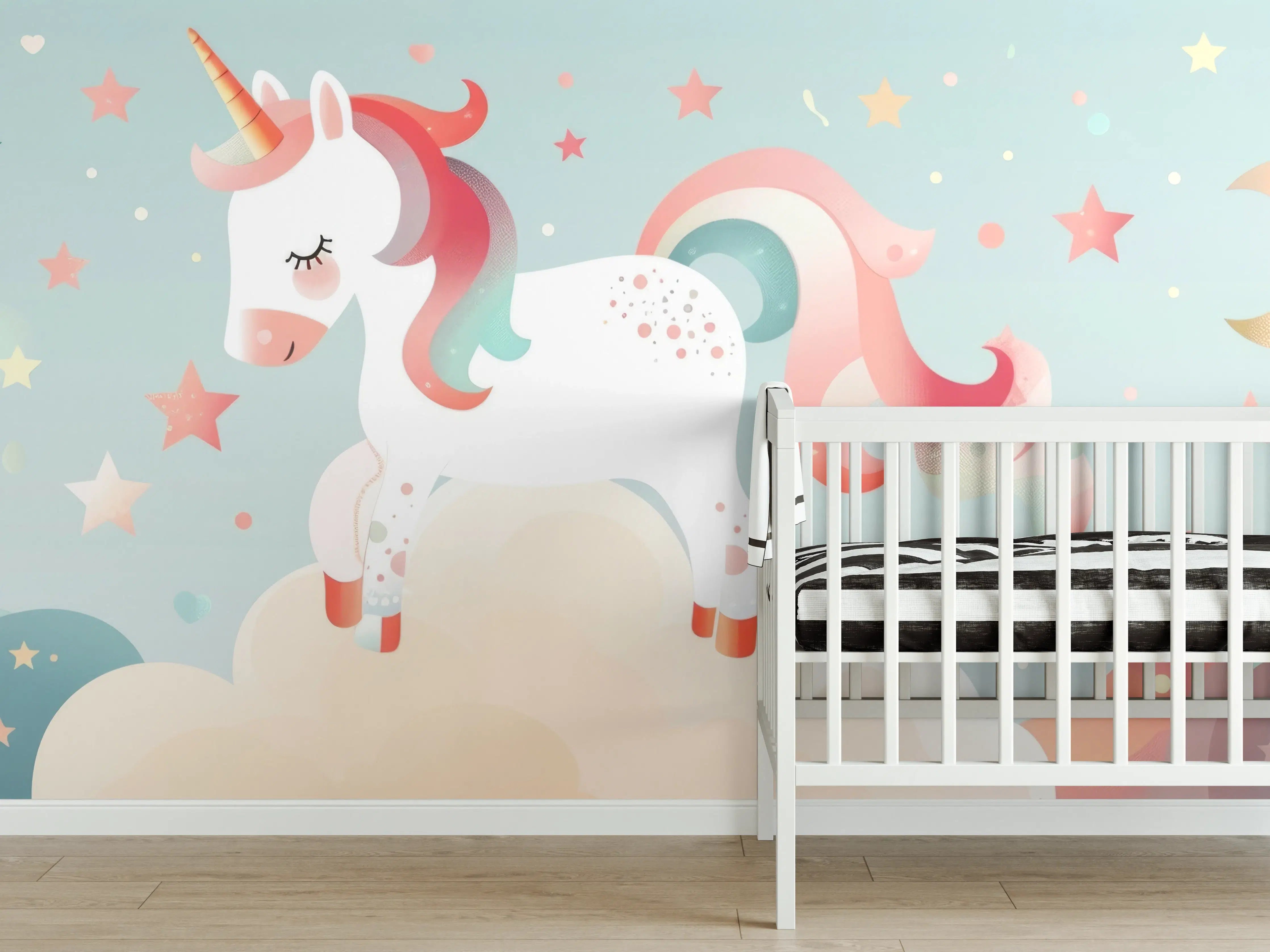 Babyzimmer Wandgestaltung - Weißer Einhorn-Teppich mit rosa Akzenten und Sternen
