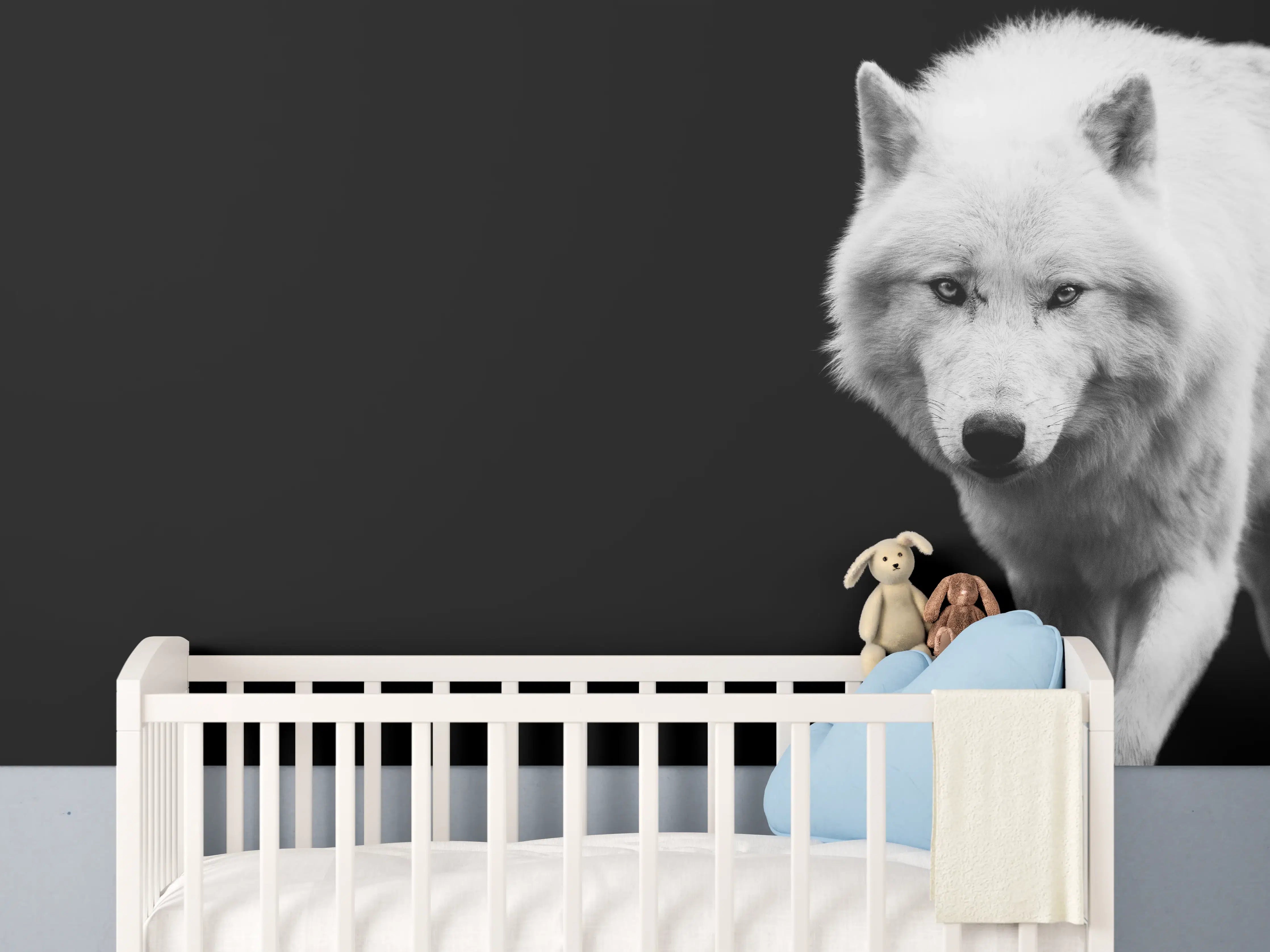 Babyzimmer Wandgestaltung - Weißer Wolf mit schwarzem Hintergrund