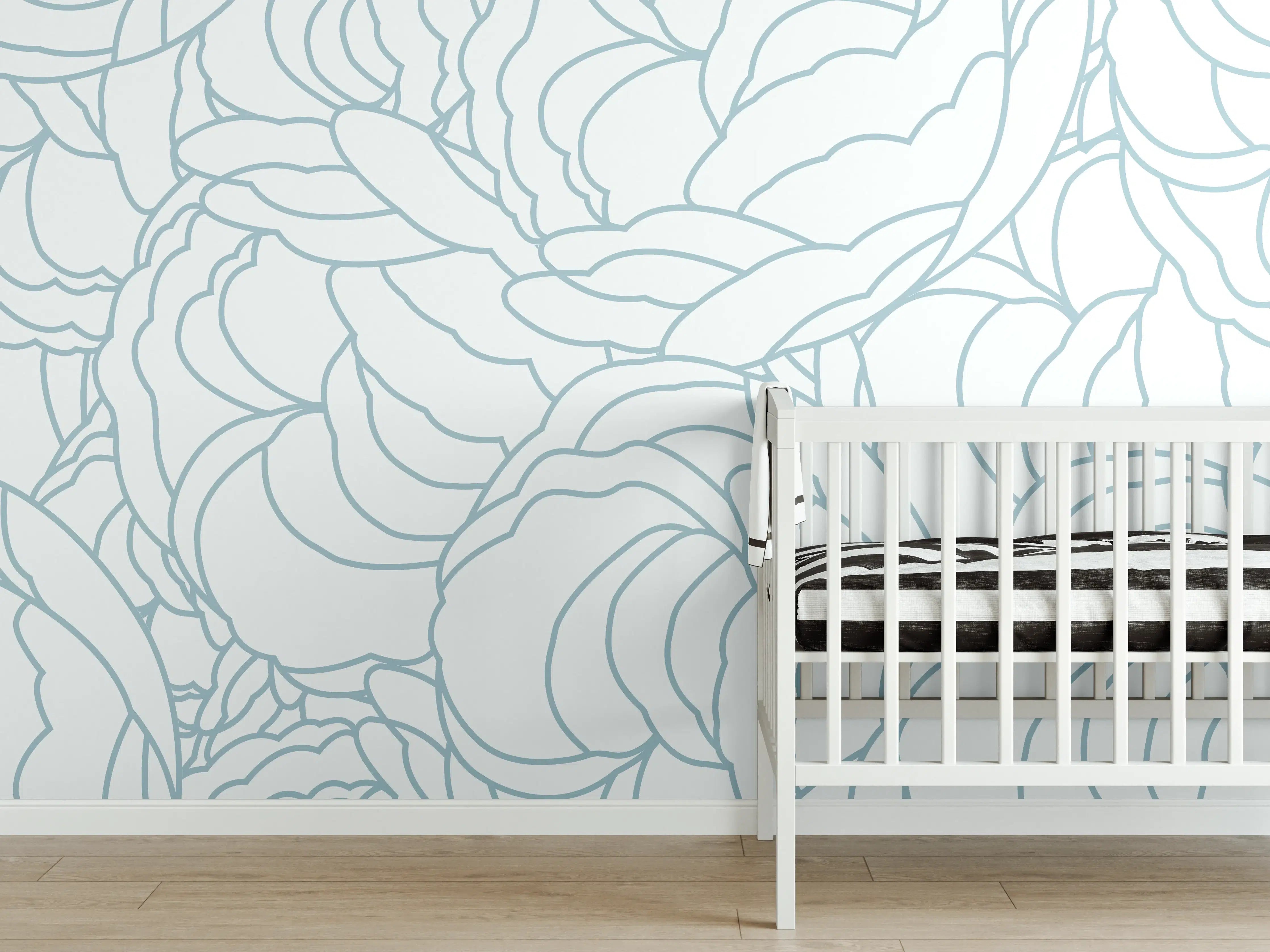 Babyzimmer Wandgestaltung - Weißes Blumenmuster mit zarten Grauschattierungen