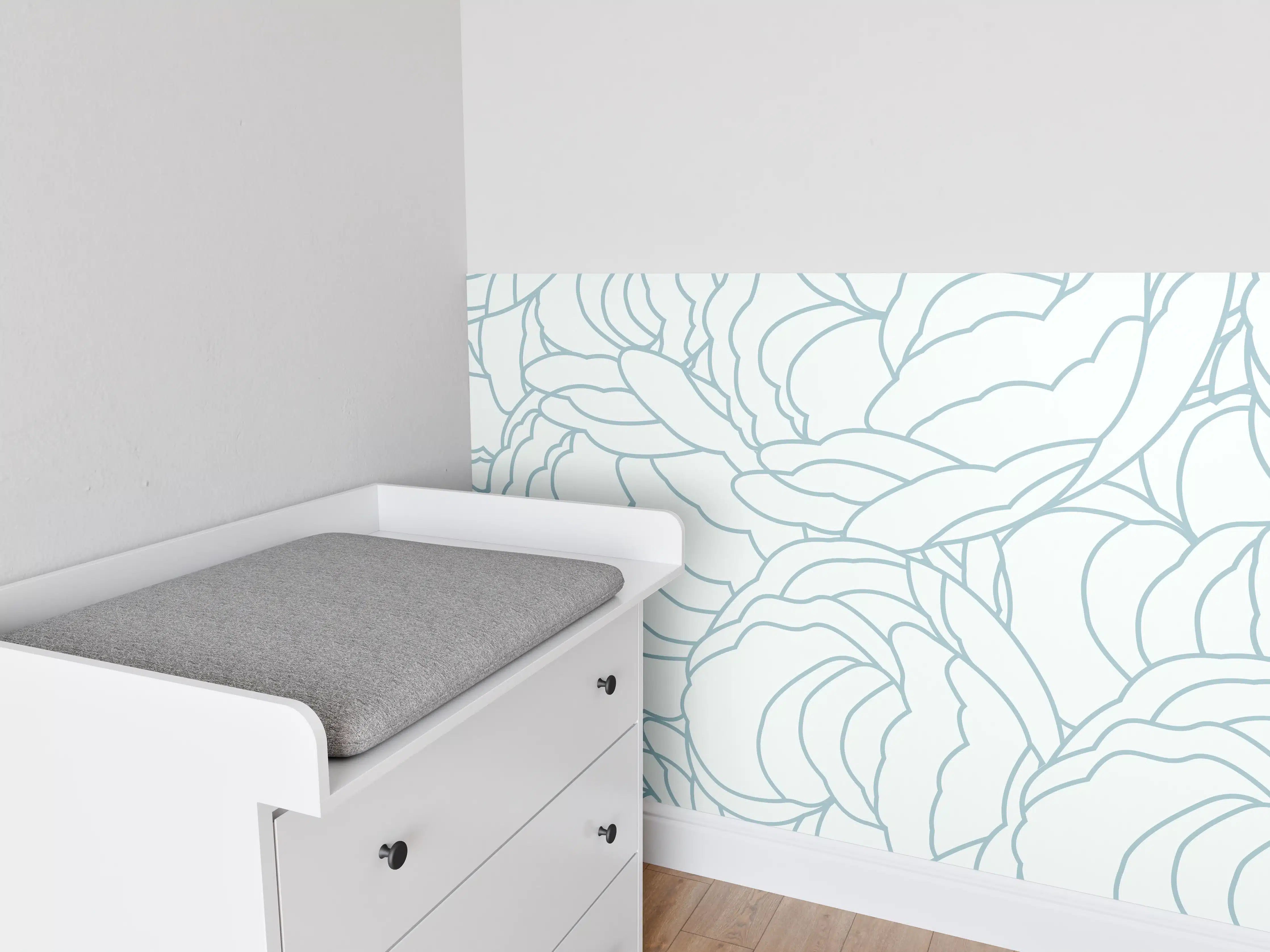 Babyzimmer Wandgestaltung - Weißes Blumenmuster mit zarten Grauschattierungen