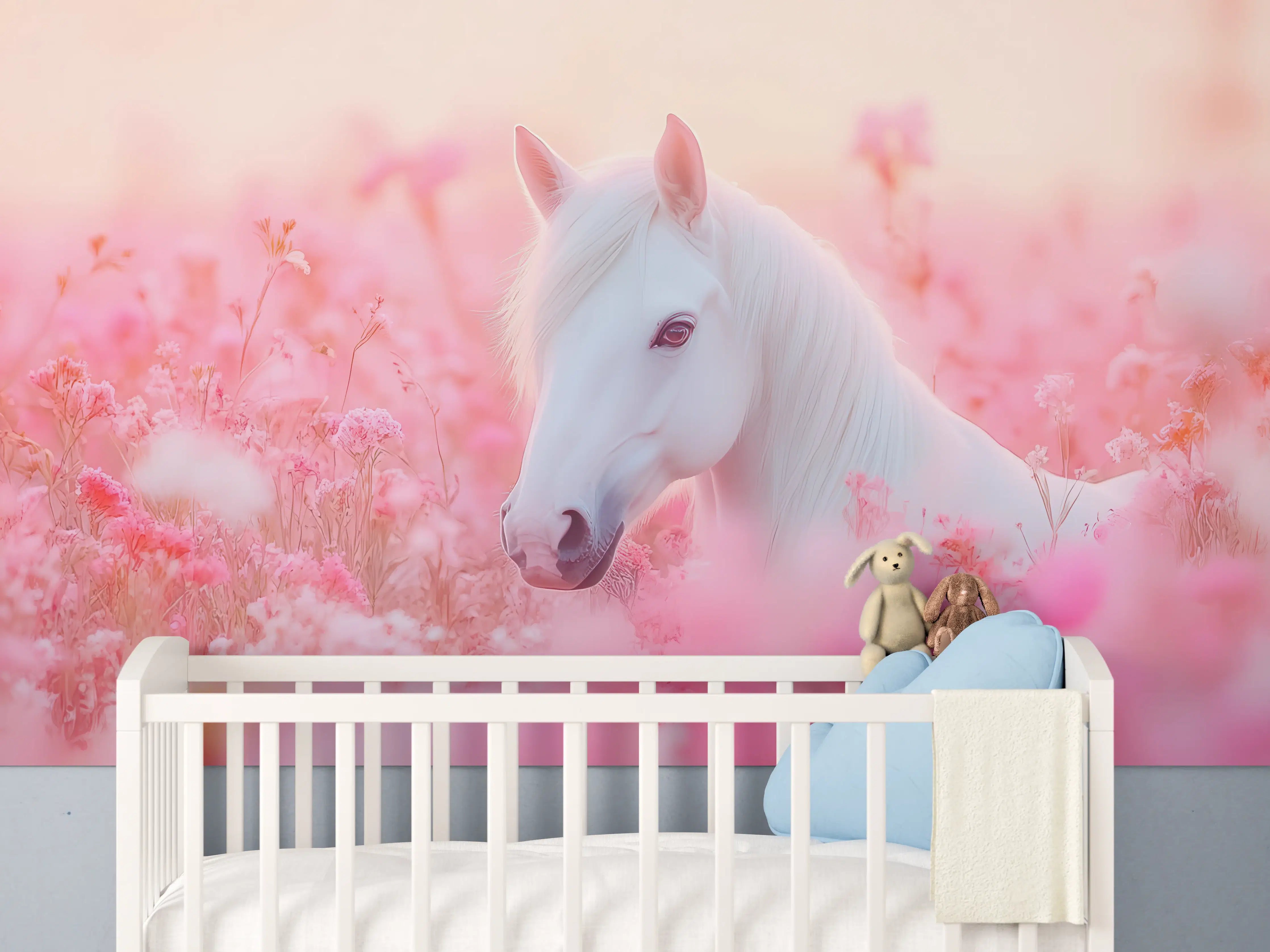 Babyzimmer Wandgestaltung - Weißes Einhorn im romantischen Blumenfeld