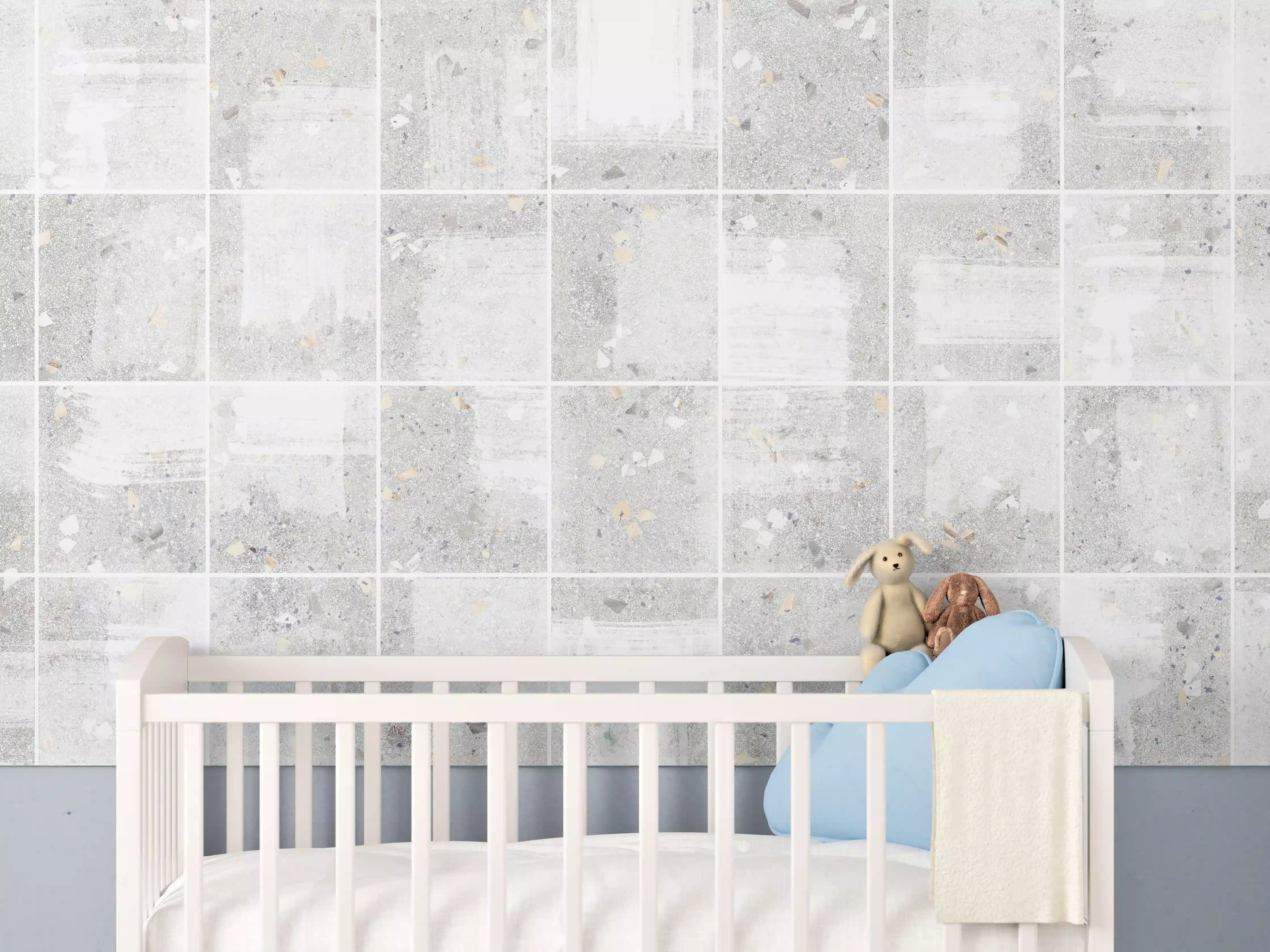 Babyzimmer Wandgestaltung - Weißes Fliesenmuster - Terrazzo Struktur 