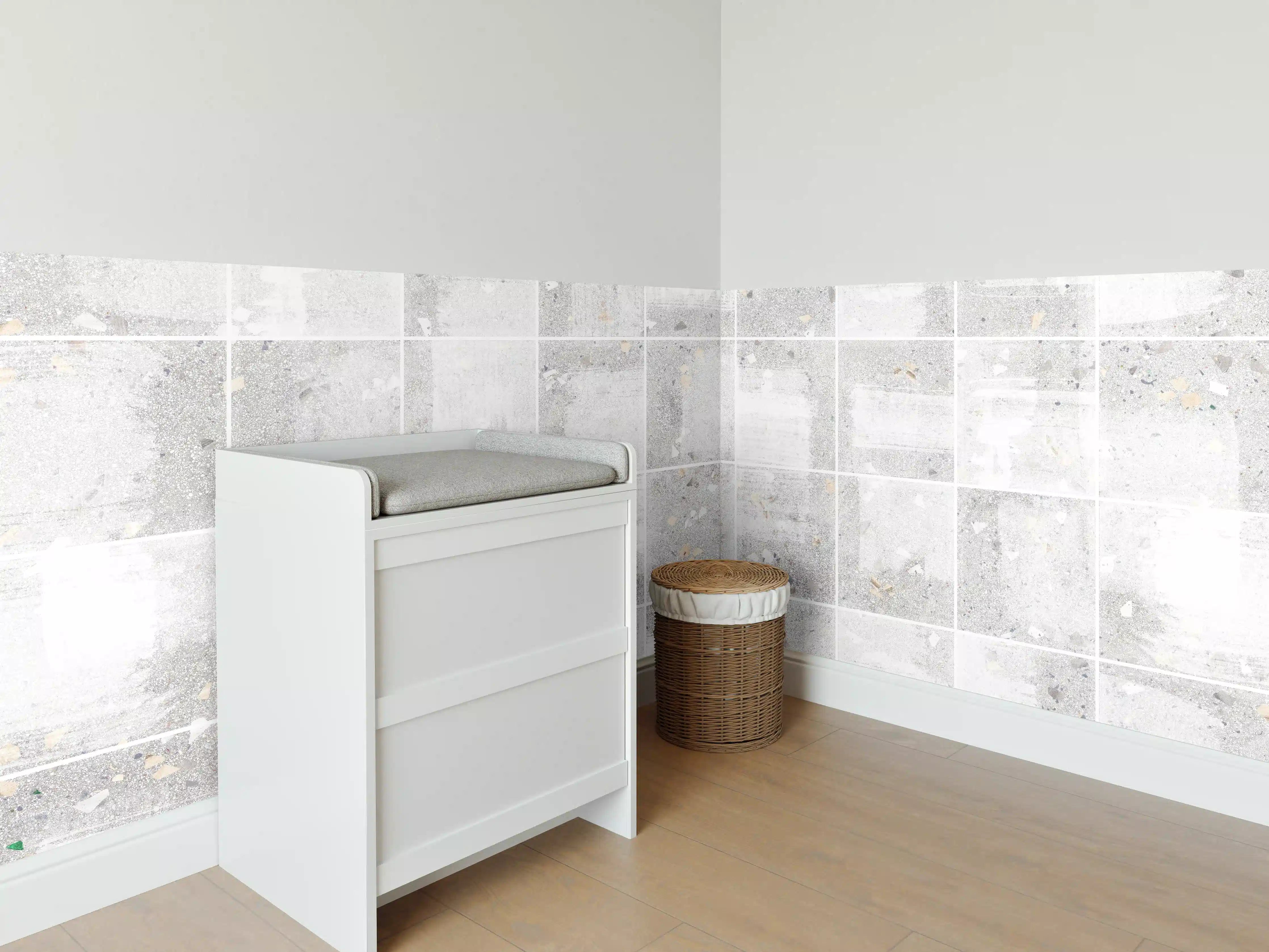 Babyzimmer Wandgestaltung - Weißes Fliesenmuster - Terrazzo Struktur 
