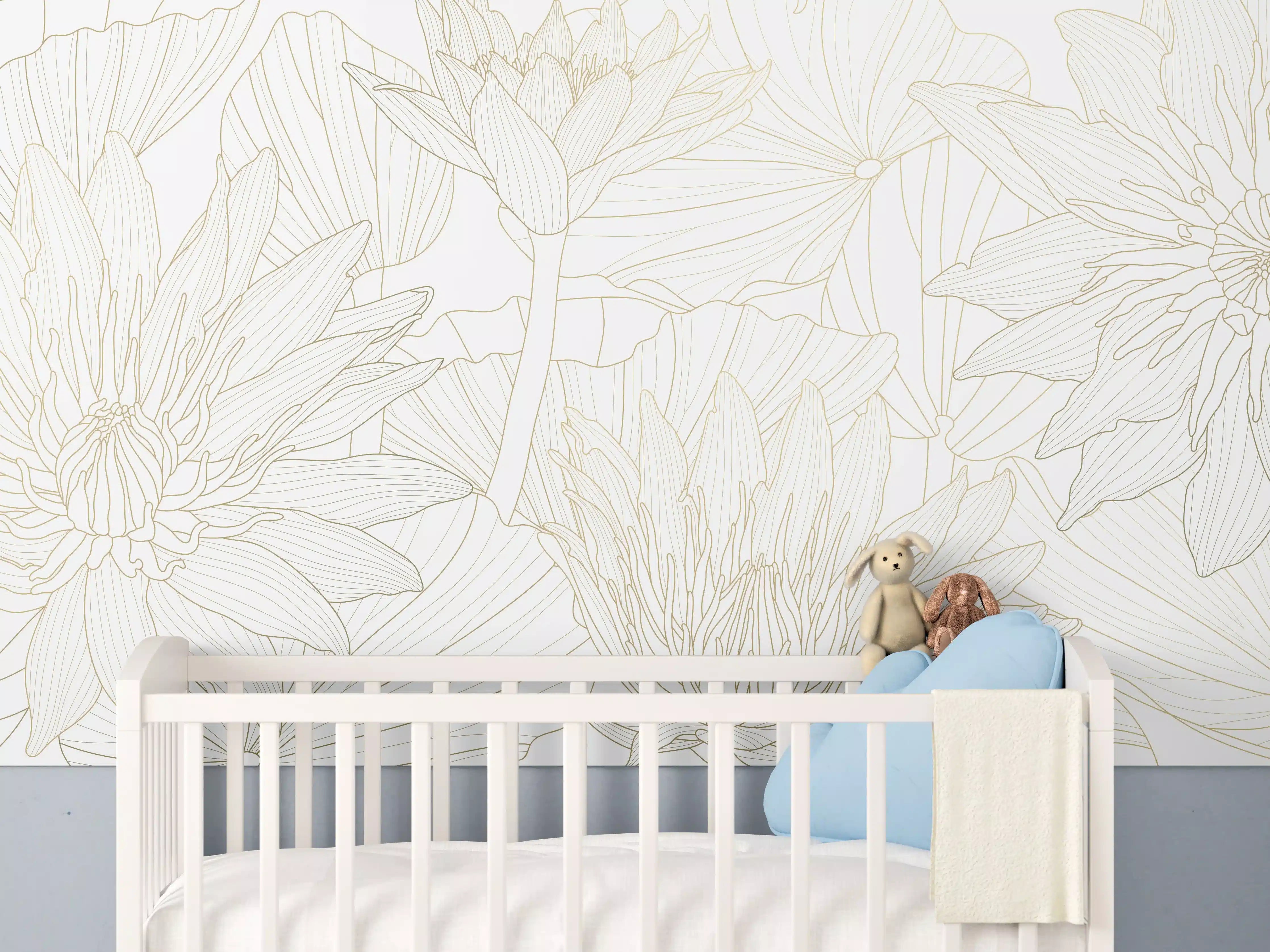 Babyzimmer Wandgestaltung - Weißes Floral-Linien Kunstwerk