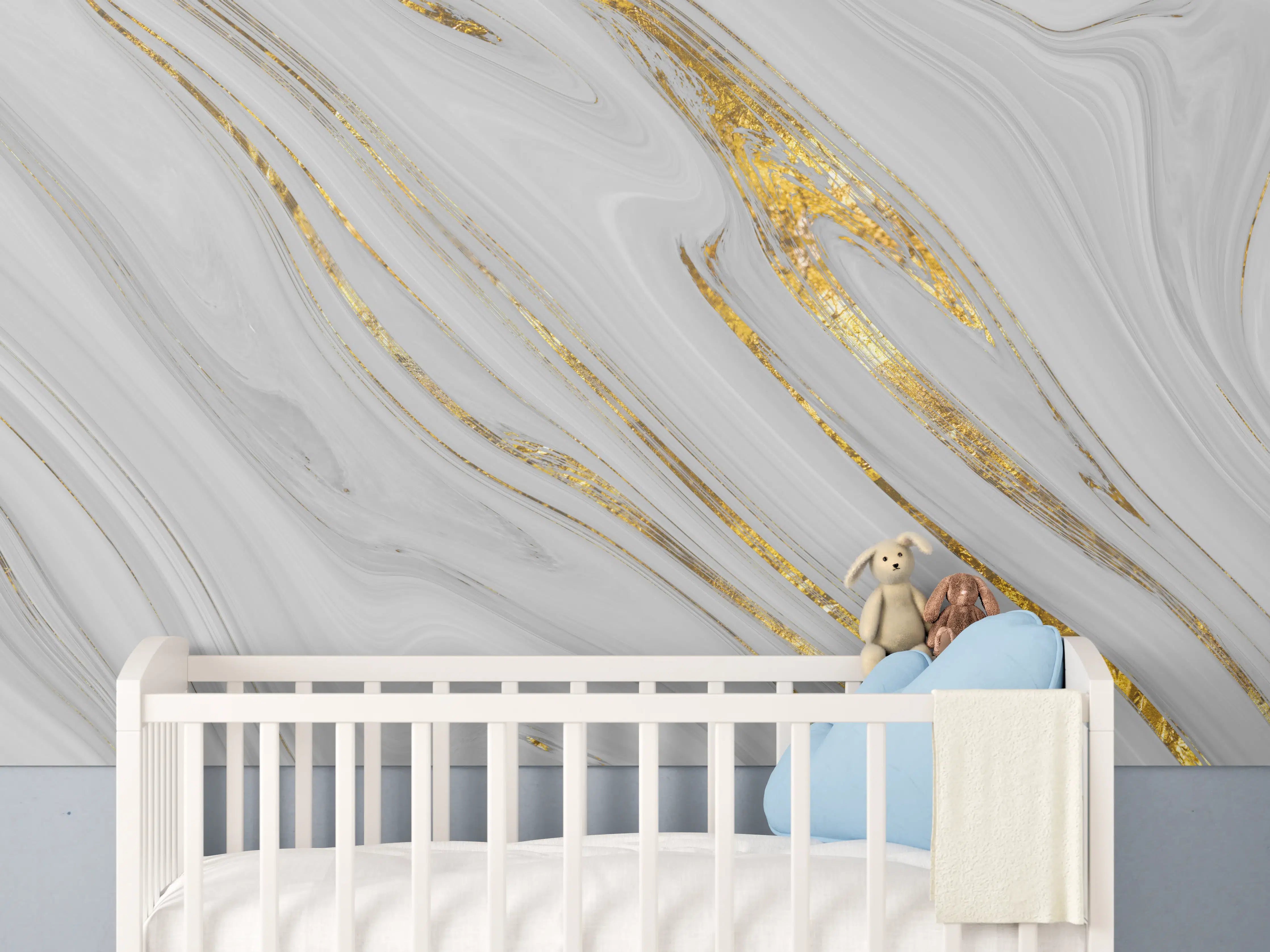 Babyzimmer Wandgestaltung - Weißes Marmor Muster mit goldenen Adern