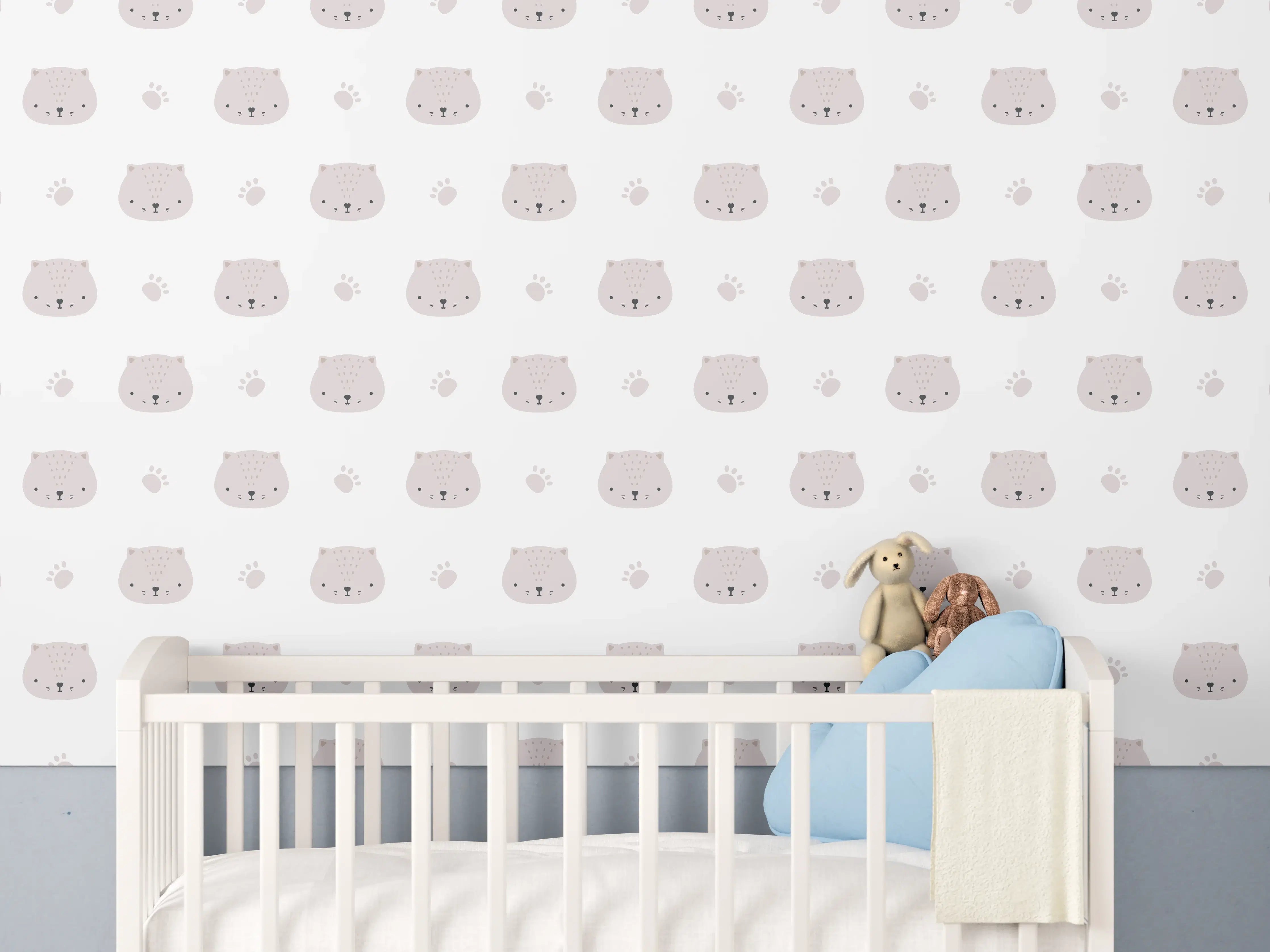 Babyzimmer Wandgestaltung - Weißes Muster mit niedlichen Katzenmotiven