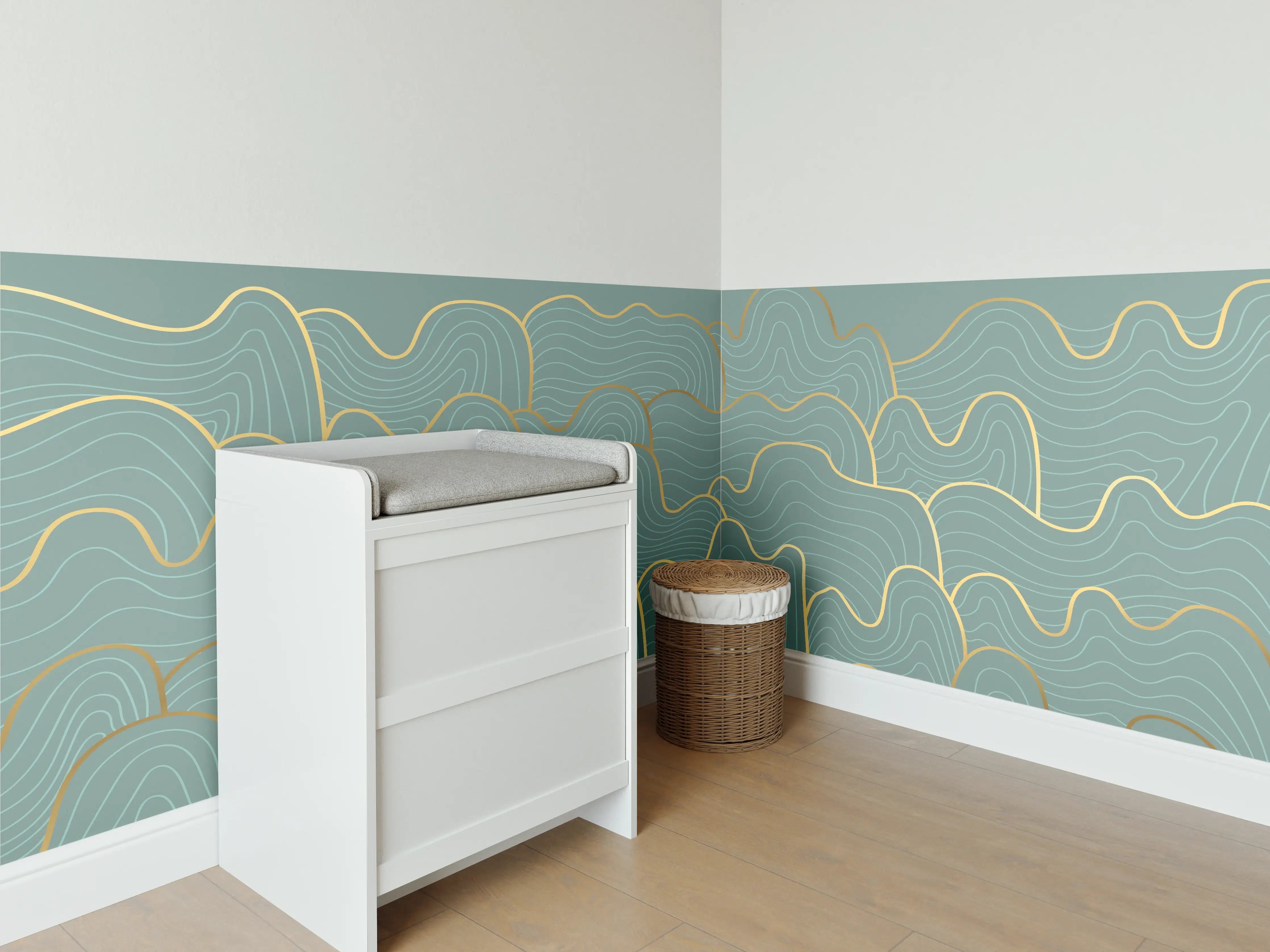 Babyzimmer Wandgestaltung - Wellenmuster Blau-Gold
