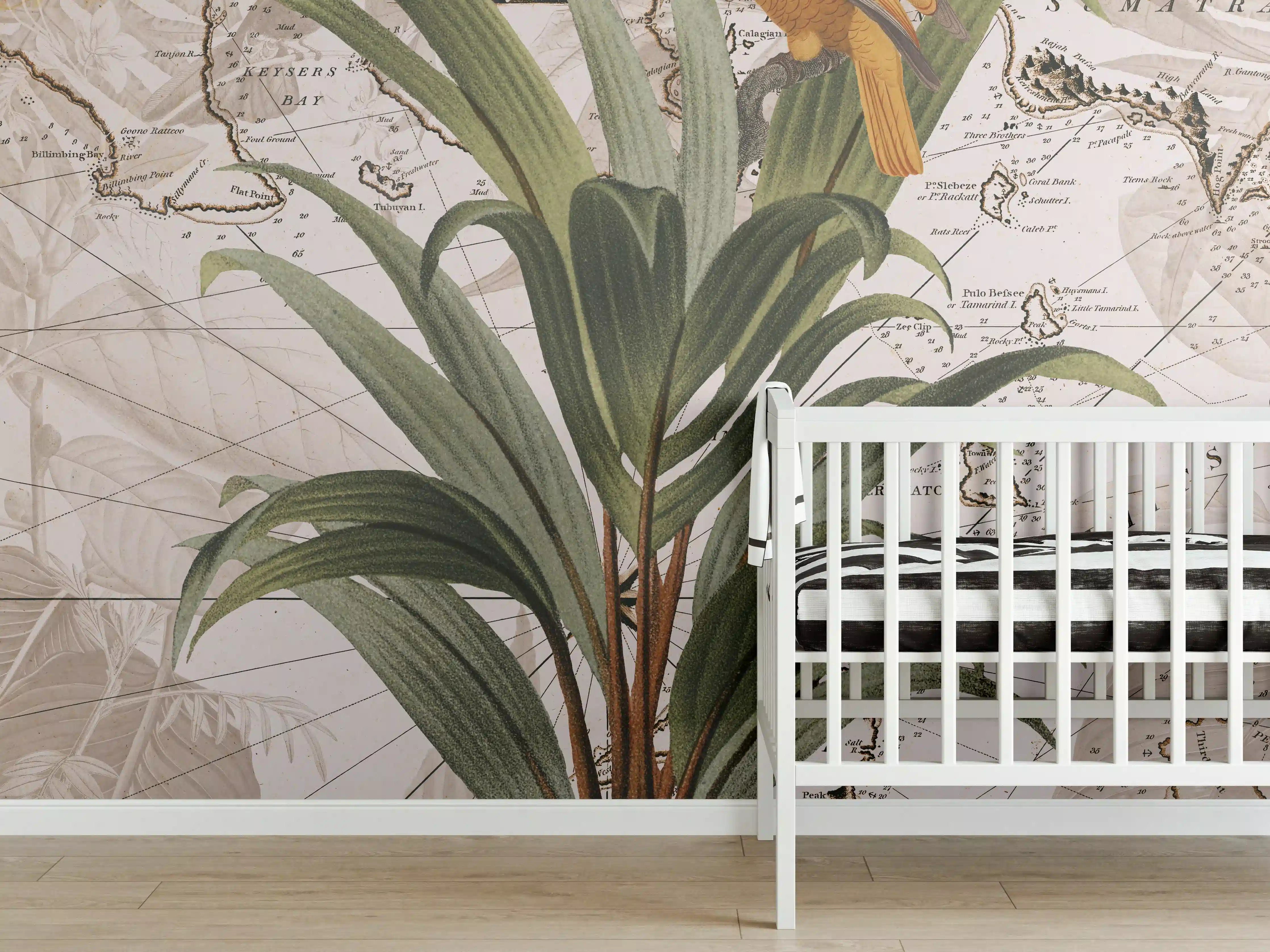 Babyzimmer Wandgestaltung - Weltkarte - tropische Pflanze