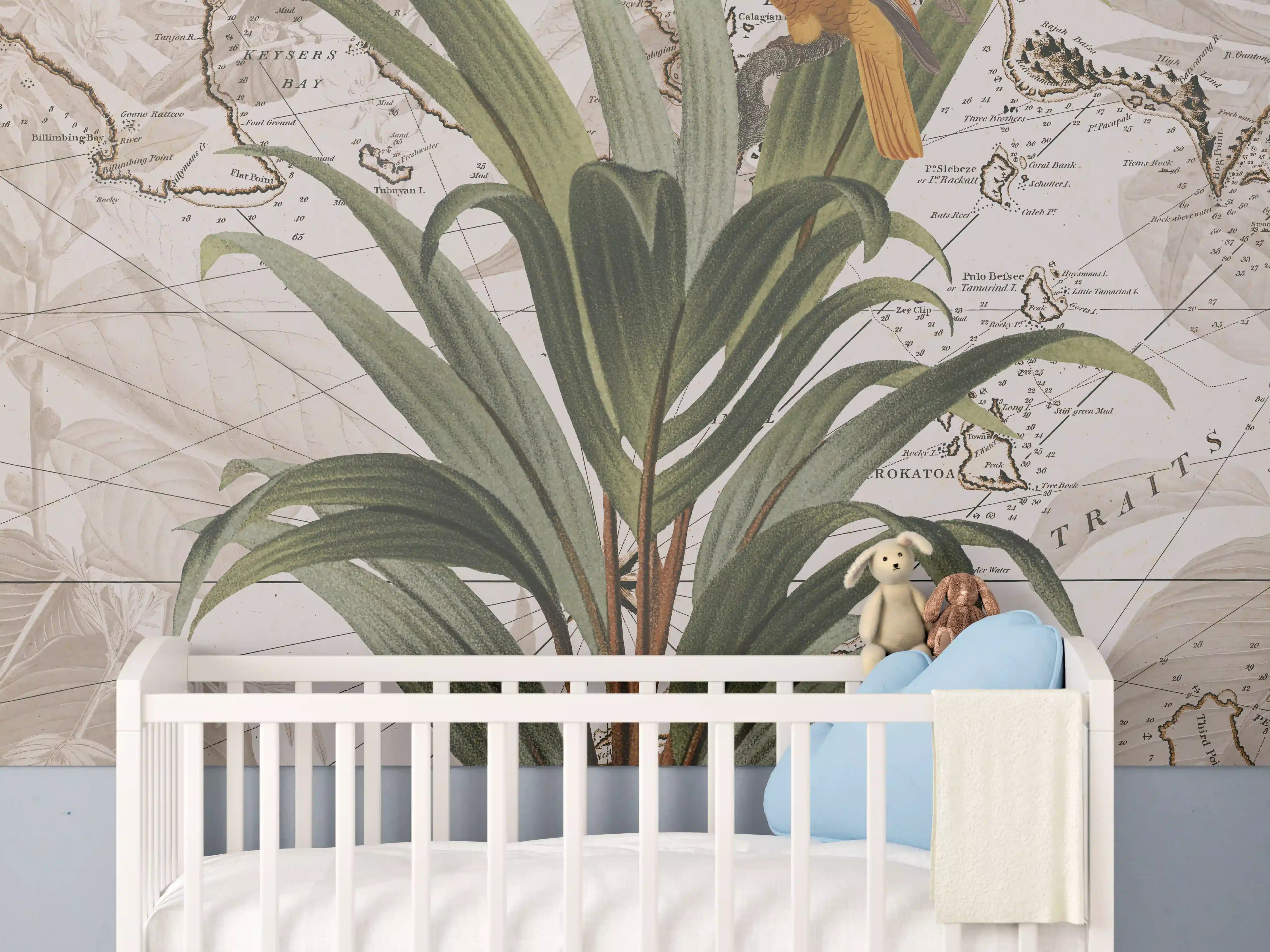 Babyzimmer Wandgestaltung - Weltkarte - tropische Pflanze