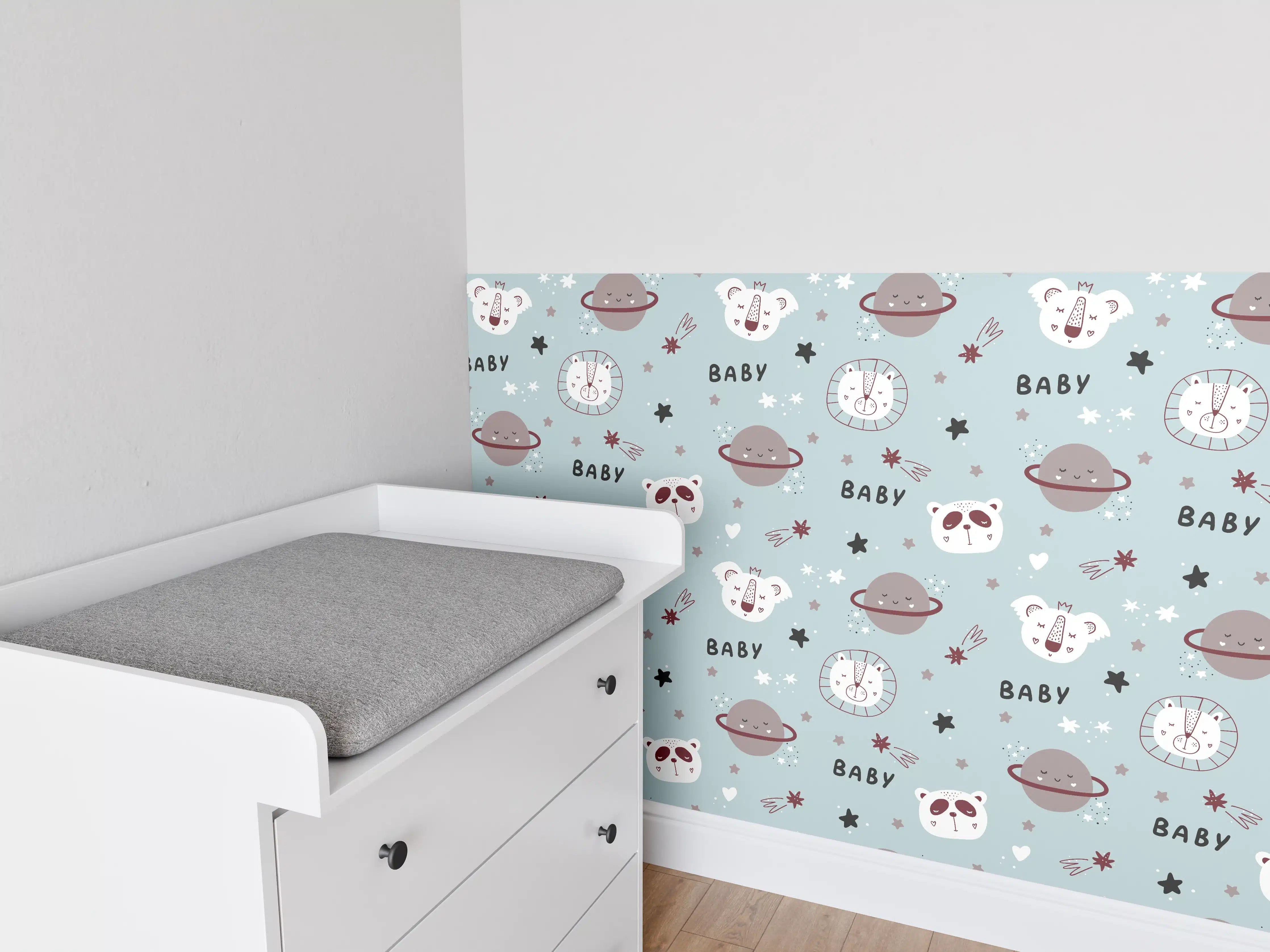 Babyzimmer Wandgestaltung - Weltraum Tiermotive in Pastellfarben