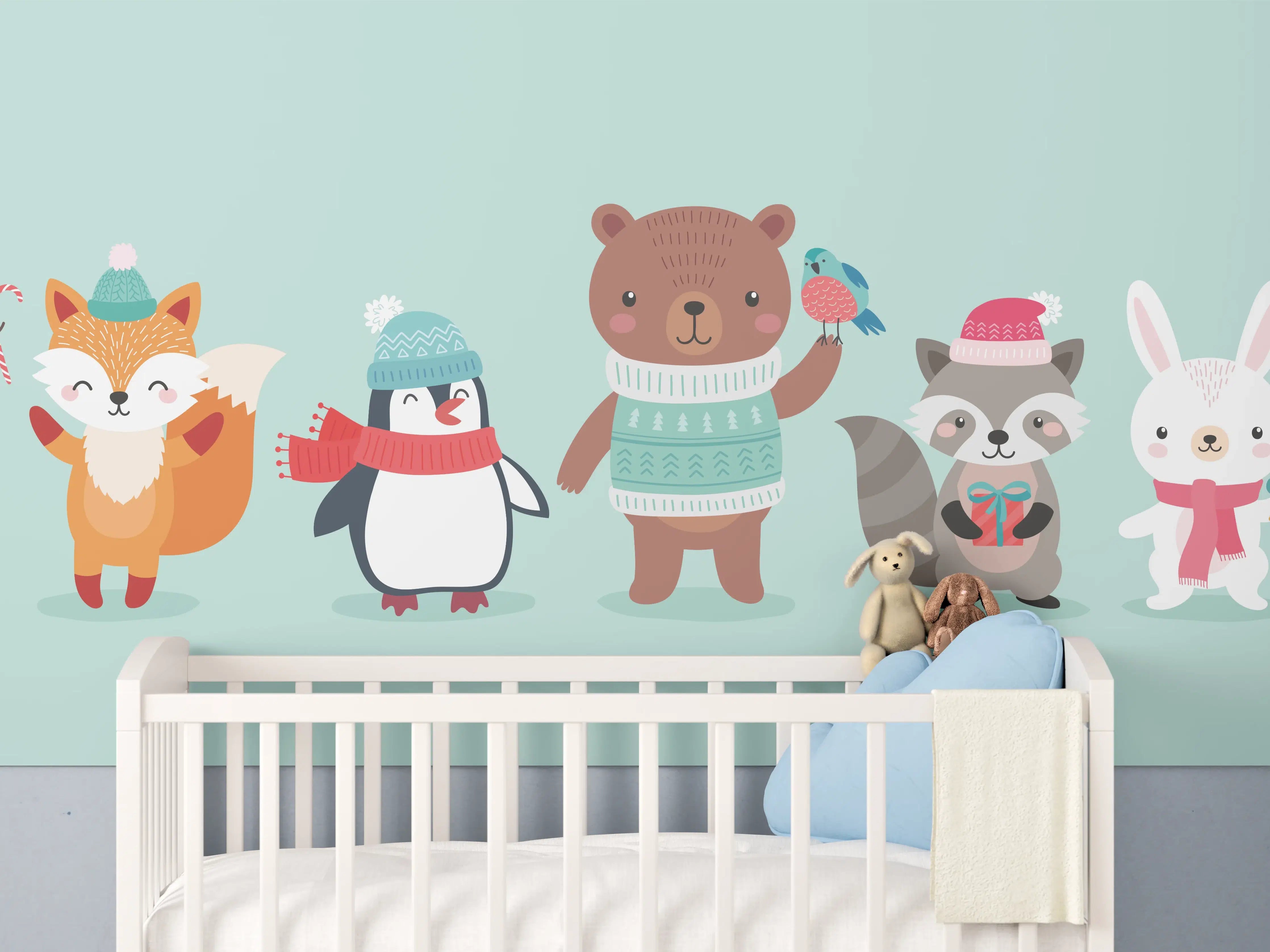 Babyzimmer Wandgestaltung - Winterliche Tierfreunde Illustration