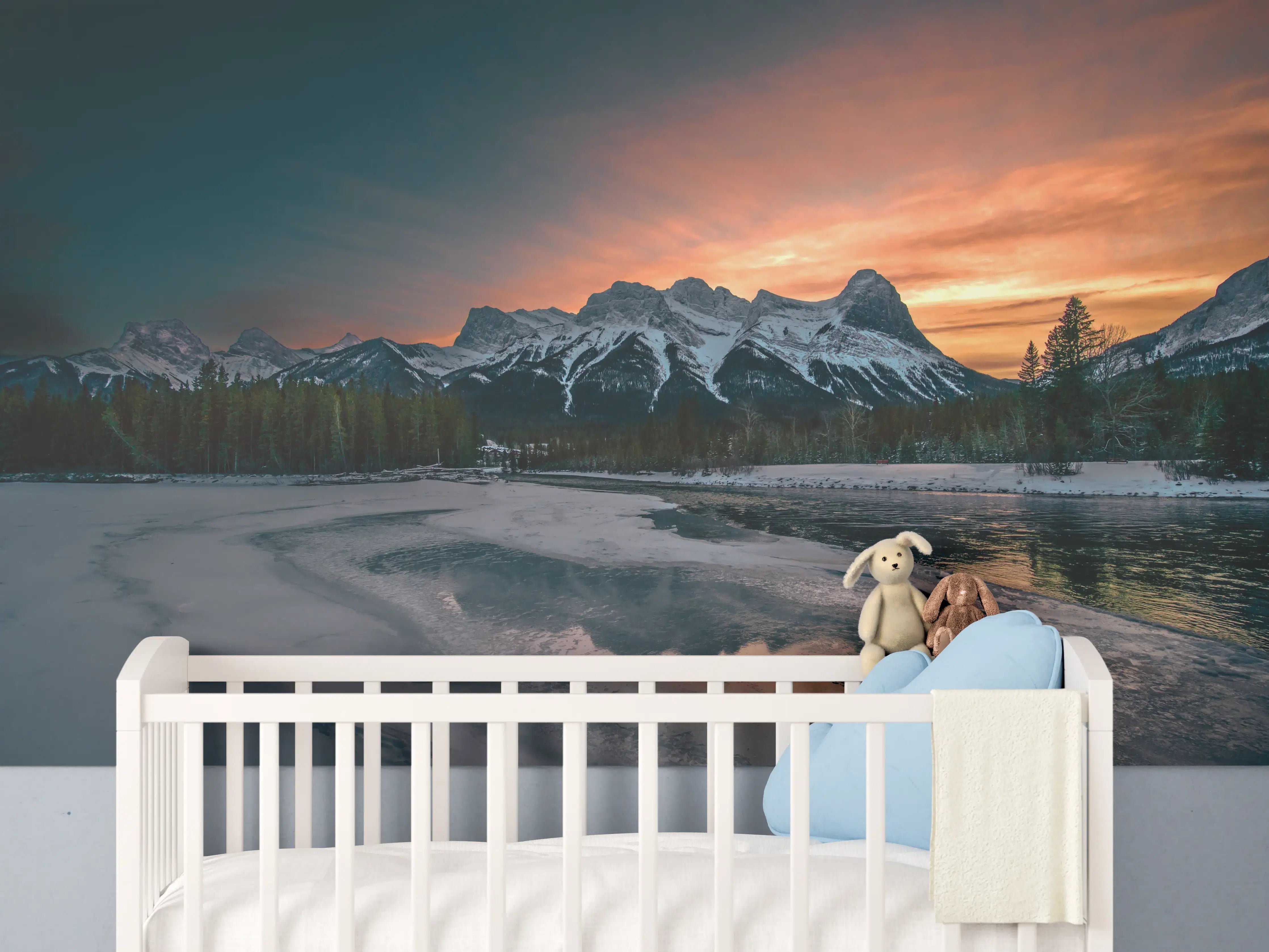 Babyzimmer Wandgestaltung - Winterlicher Sonnenuntergang Berge