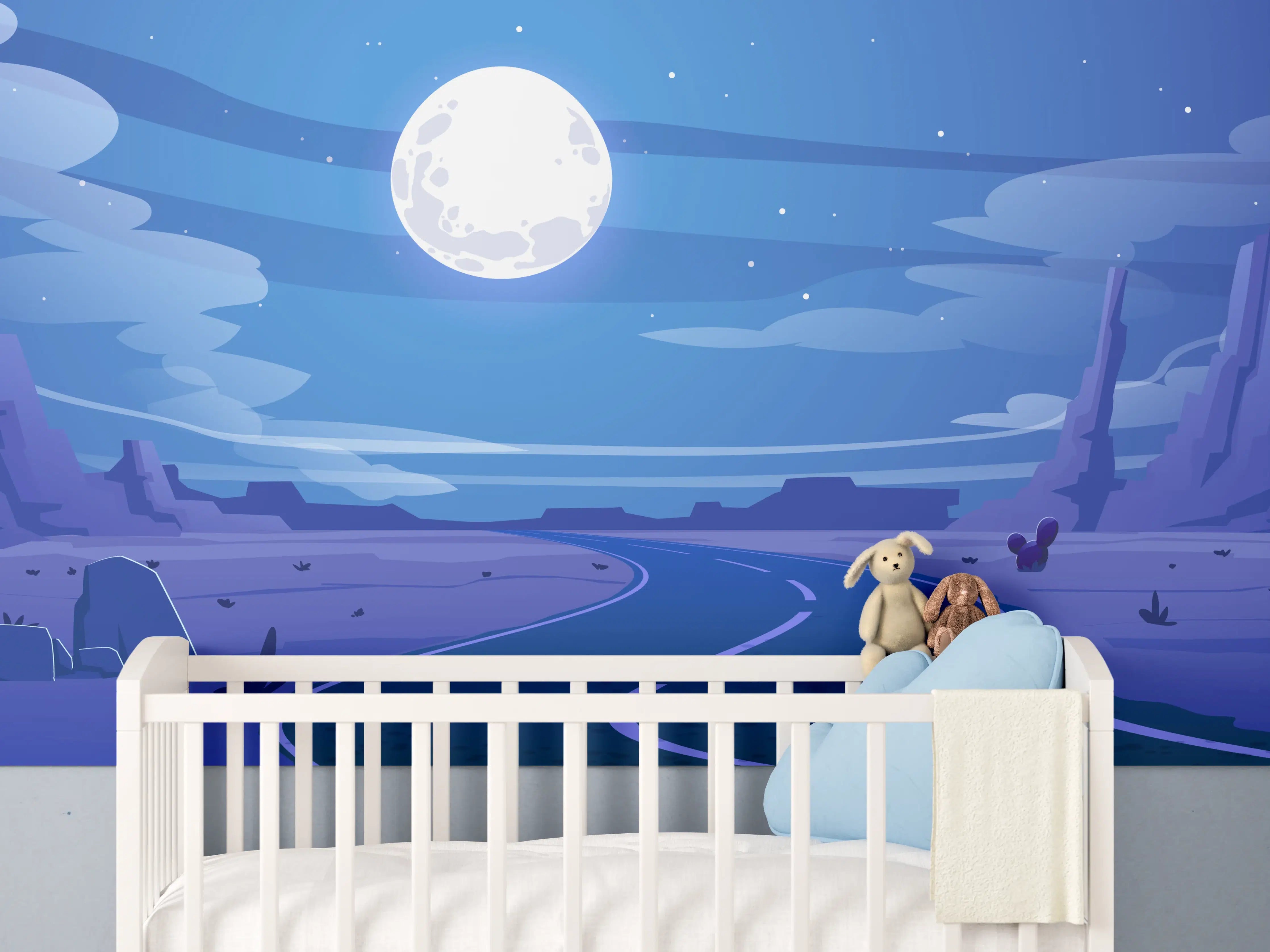 Babyzimmer Wandgestaltung - Wüstenlandschaft bei Nacht im Cartoon-Stil
