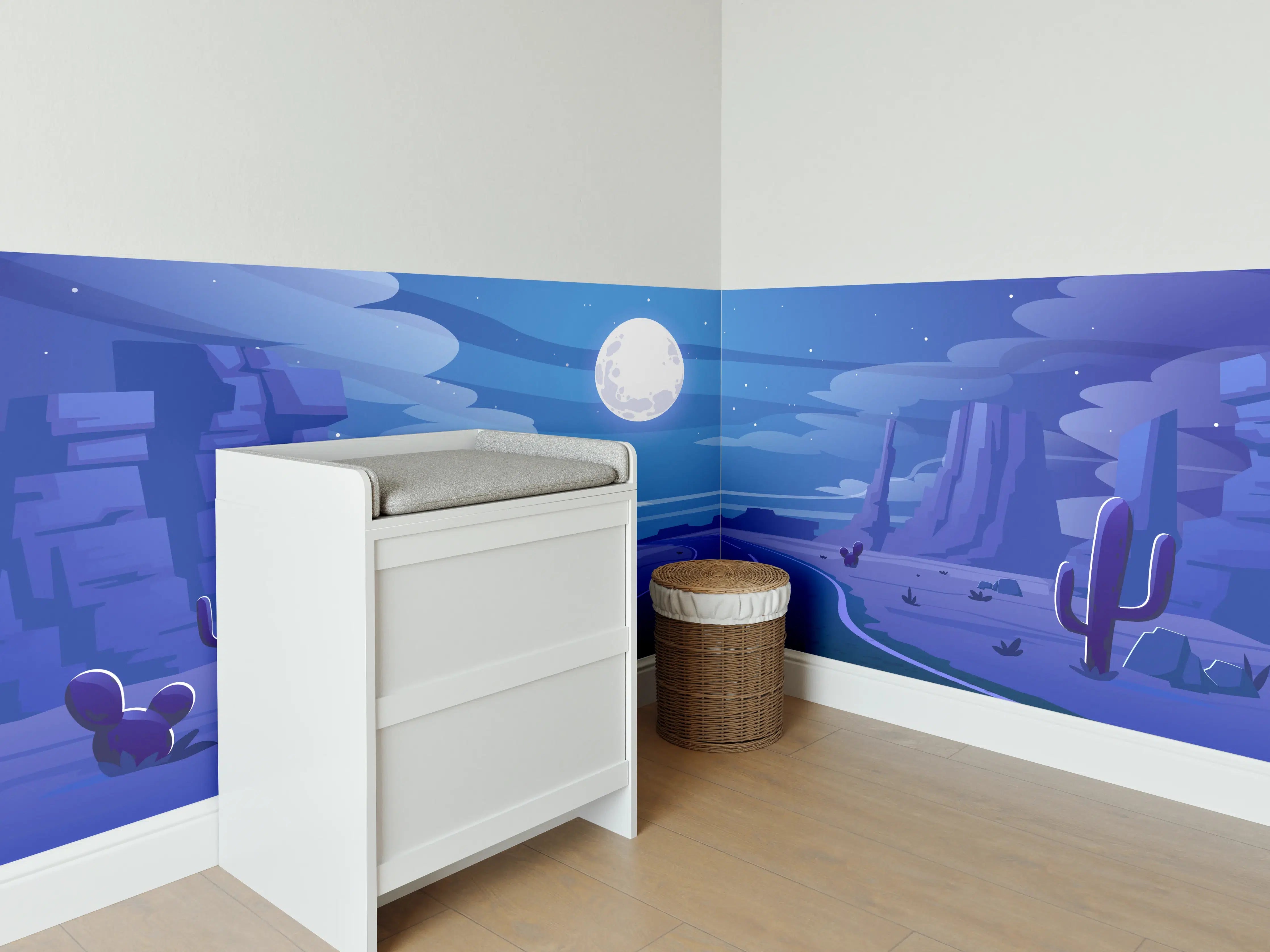 Babyzimmer Wandgestaltung - Wüstenlandschaft bei Nacht im Cartoon-Stil