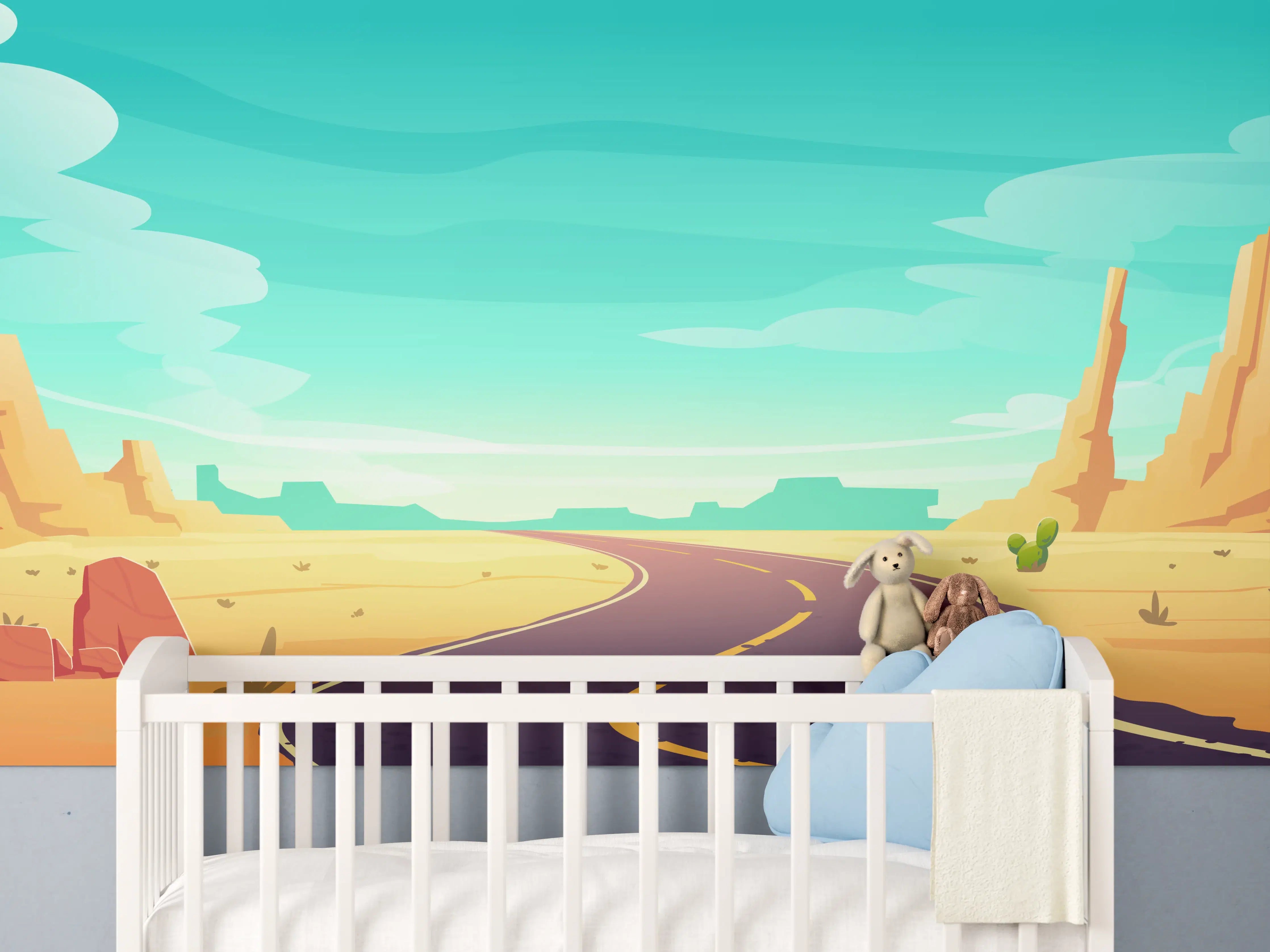 Babyzimmer Wandgestaltung - Wüstenlandschaft mit Straße und Sabinen