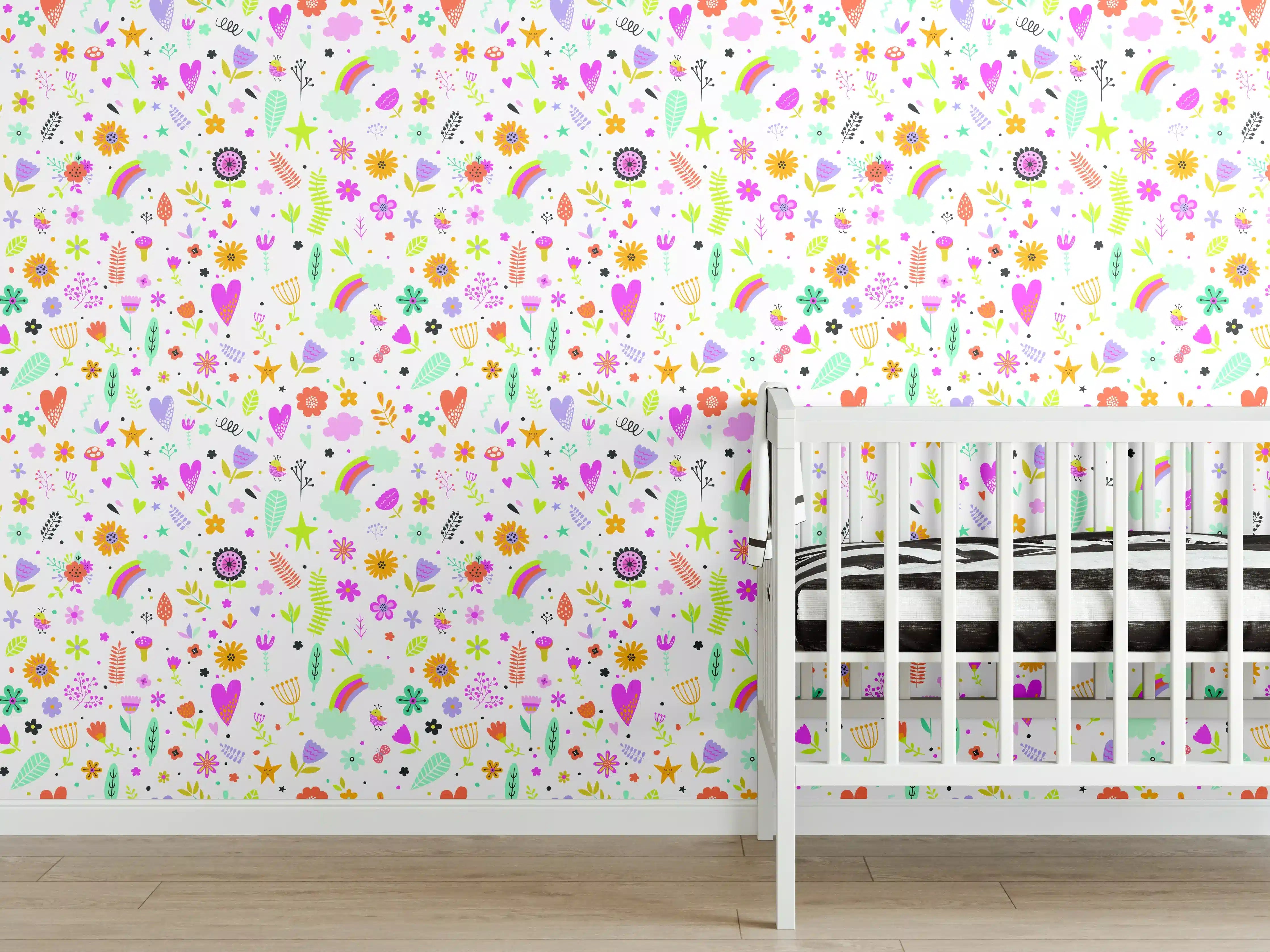 Babyzimmer Wandgestaltung - Zarte Blumenmuster in Pastellgrau