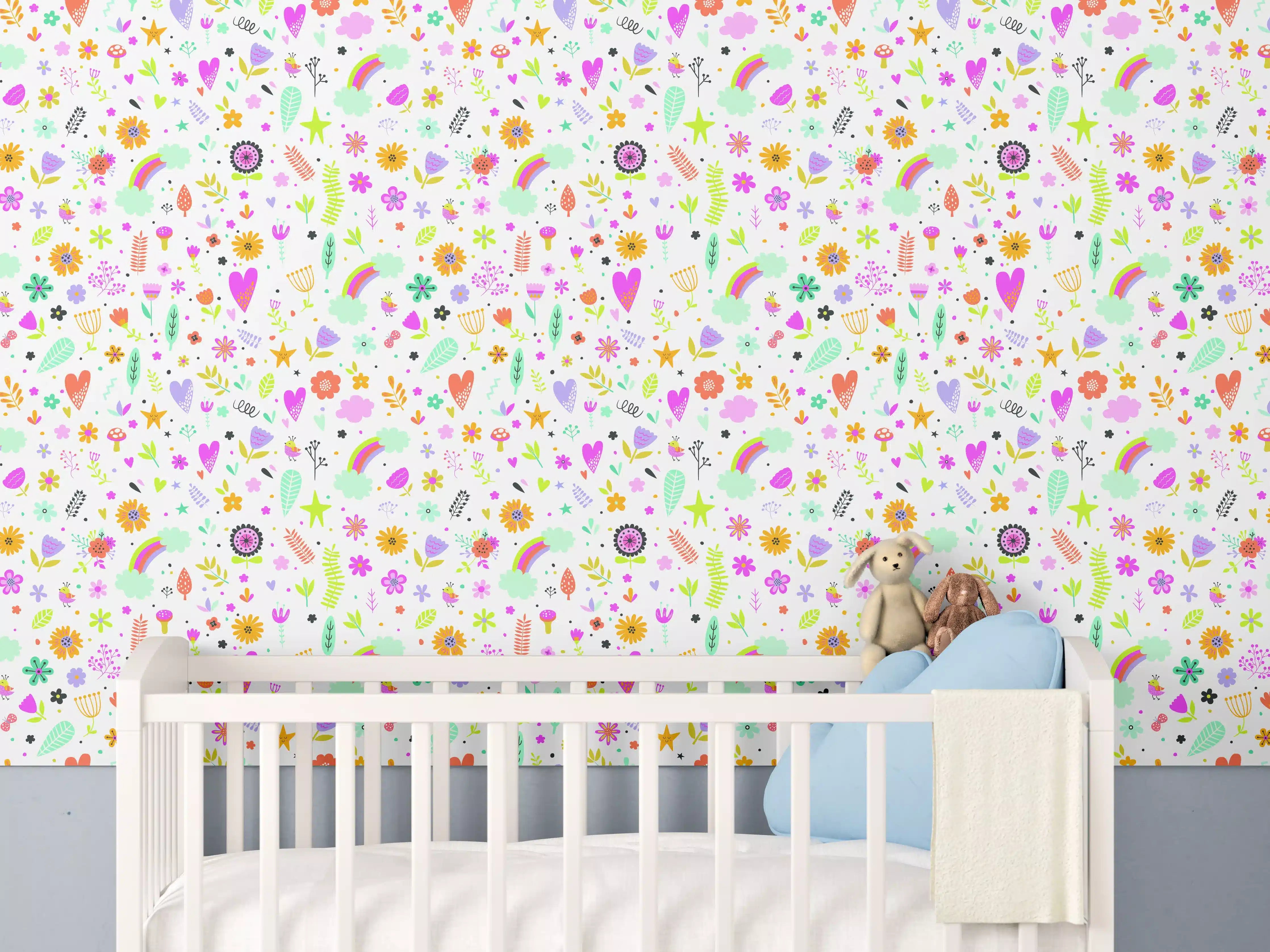 Babyzimmer Wandgestaltung - Zarte Blumenmuster in Pastellgrau