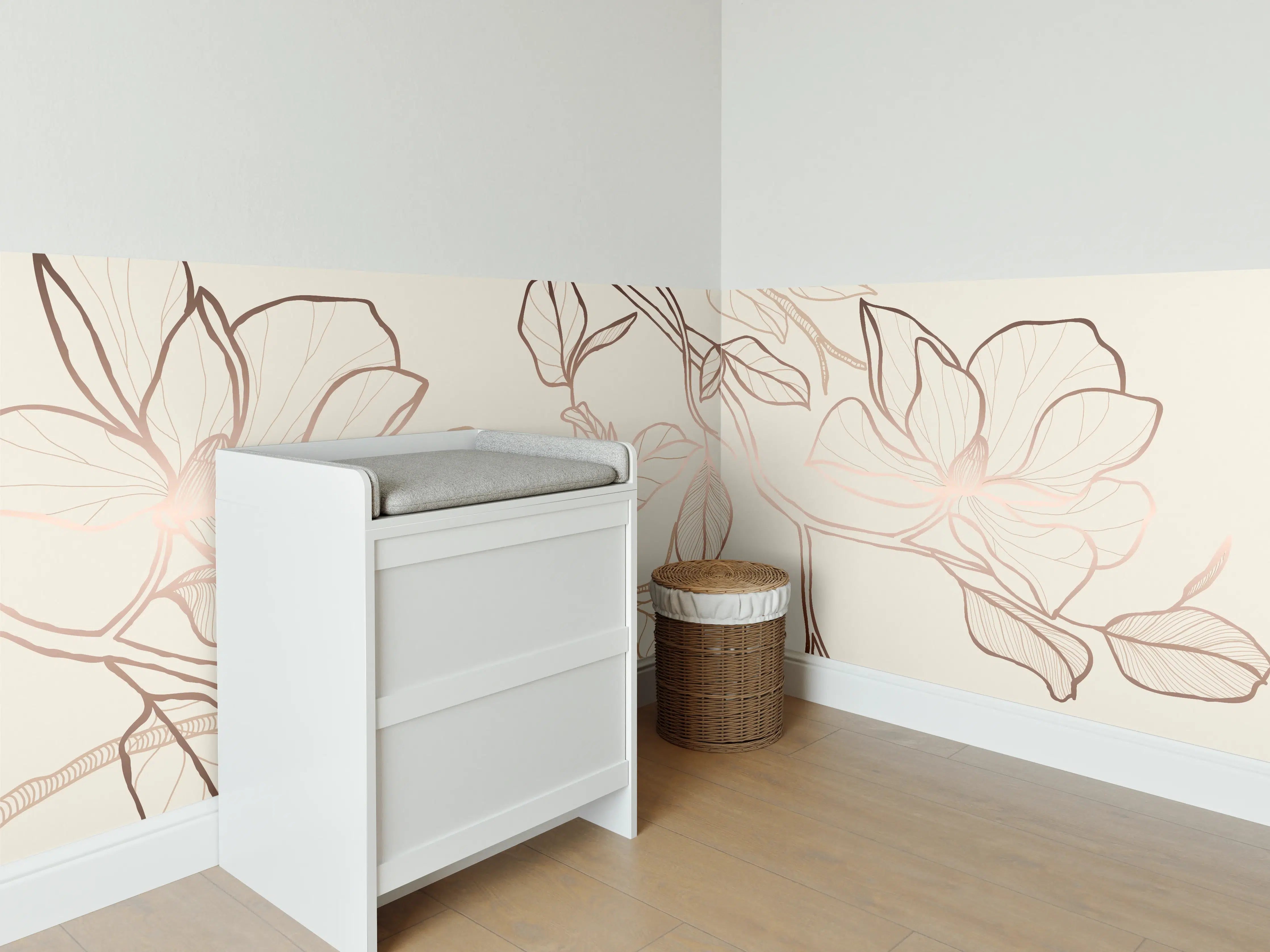 Babyzimmer Wandgestaltung - Zarte Blumenzeichnung Beige