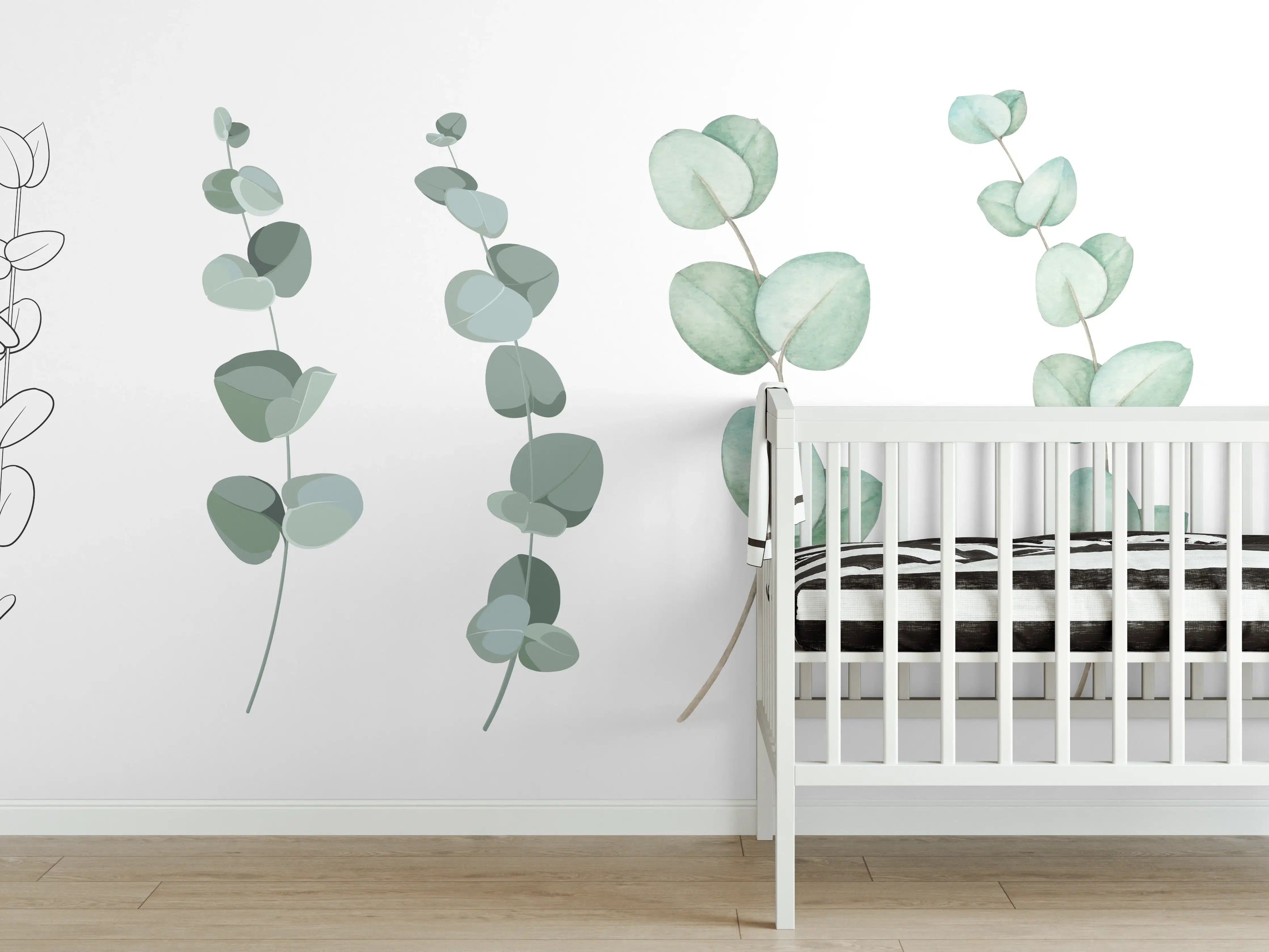 Babyzimmer Wandgestaltung - Zarte Eukalyptus Aquarell-Motive