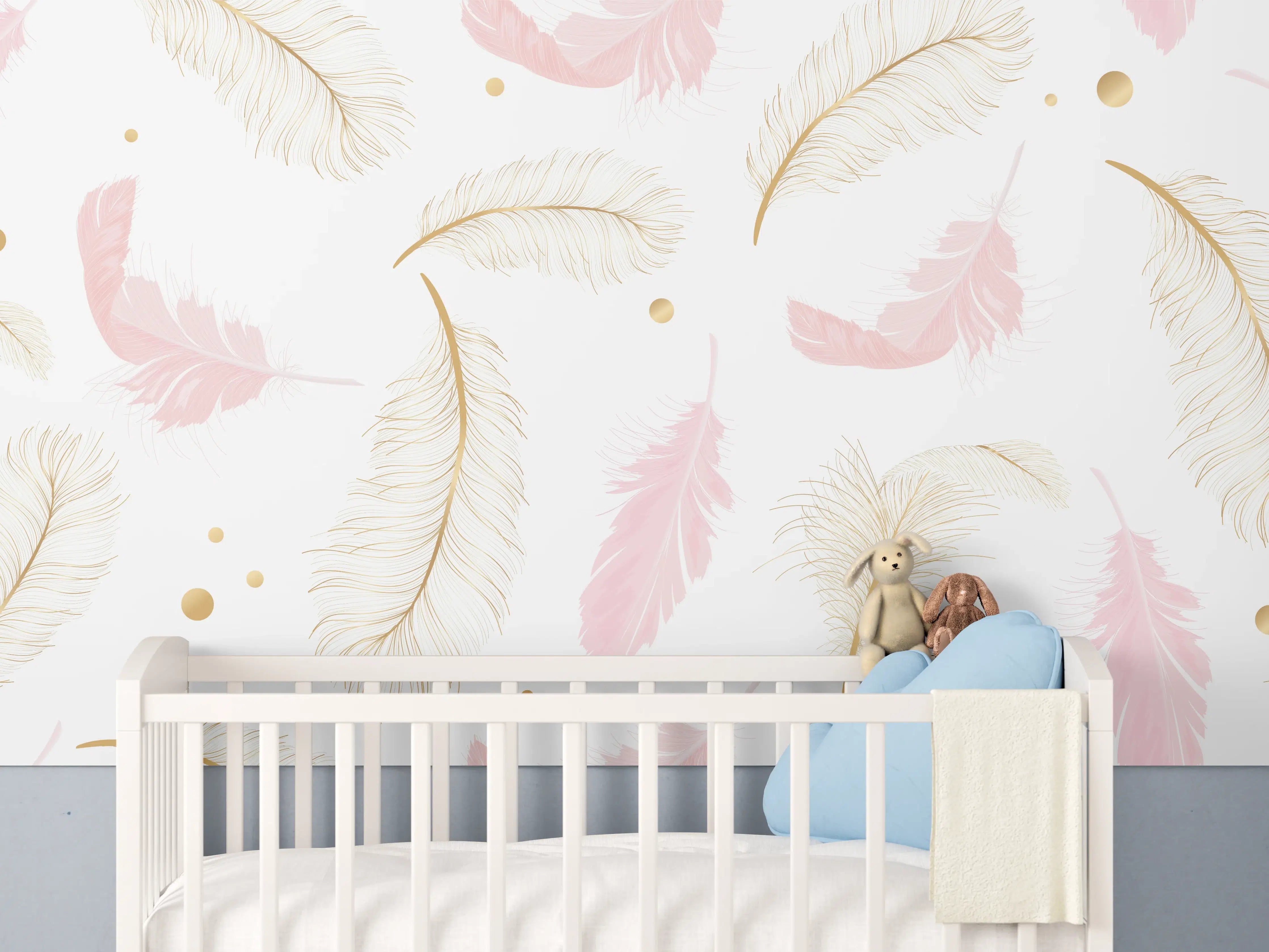 Babyzimmer Wandgestaltung - Zarte Federn Goldpunkt Muster